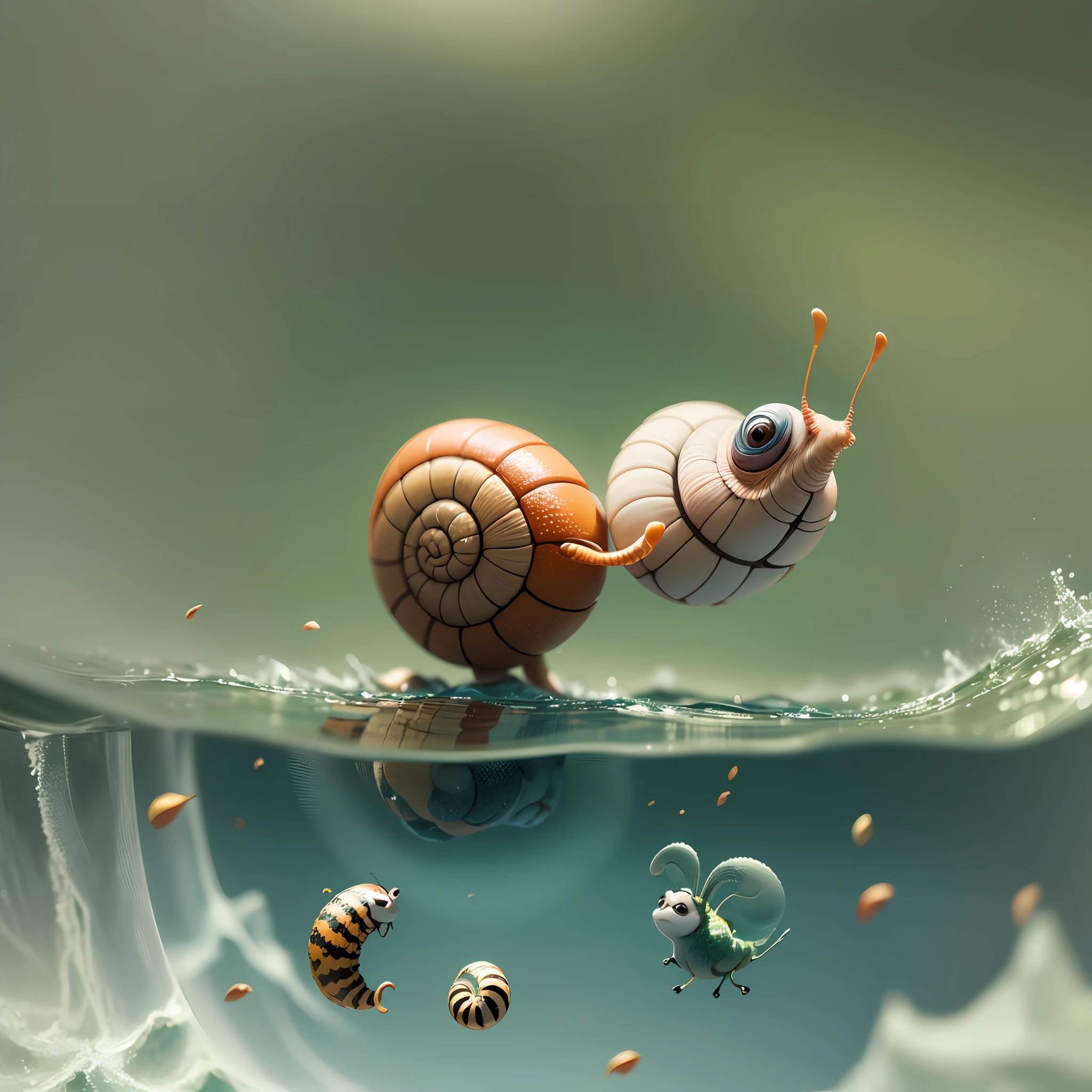Sports competitions. Funny, funny Snail and funny Caterpillar. They fly somersault from a springboard into the water. close-up. Disney Pixar cartoon style frame, super photorealistic, cinematic, muted colors, light haze, high-speed blurry background of a summer meadow. --auto --s2