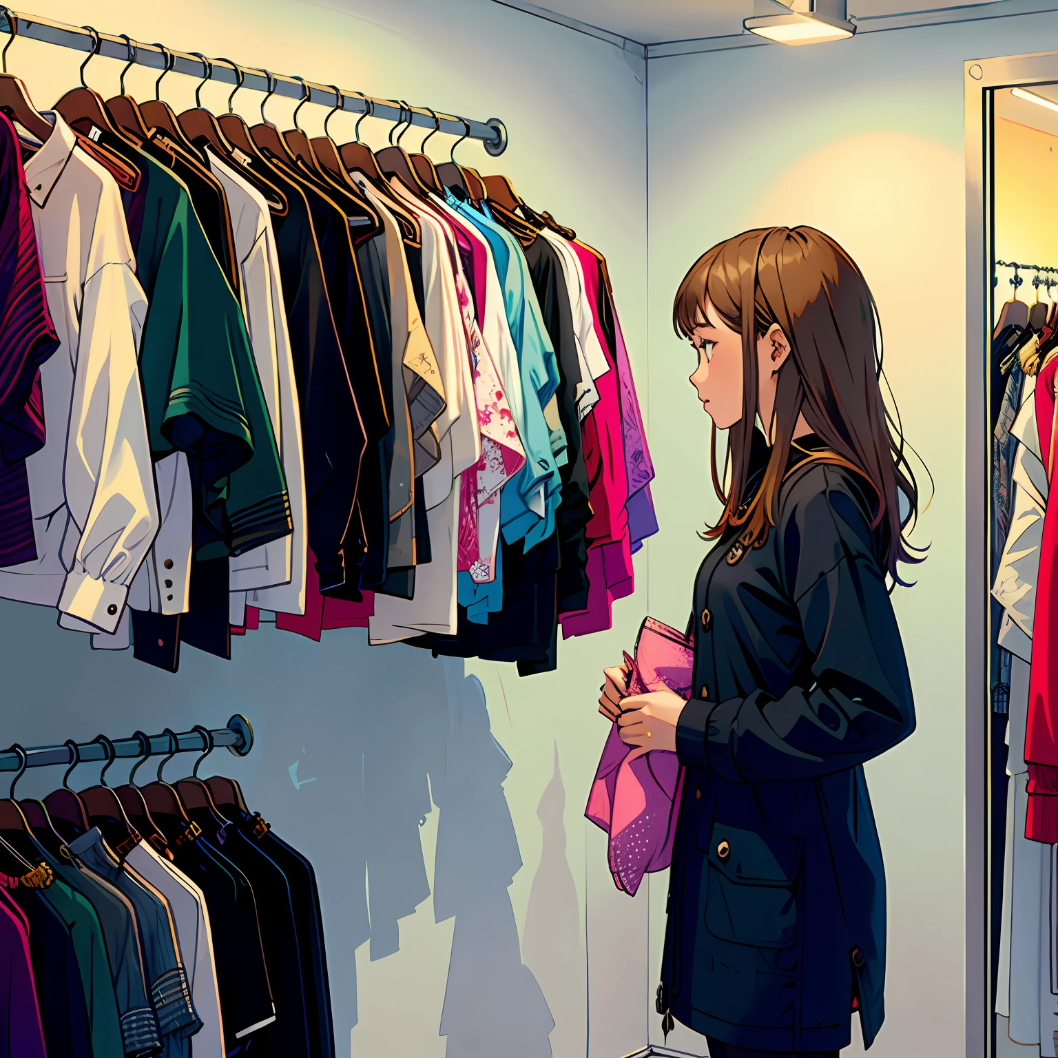 1 girl buys clothes in a clothes store