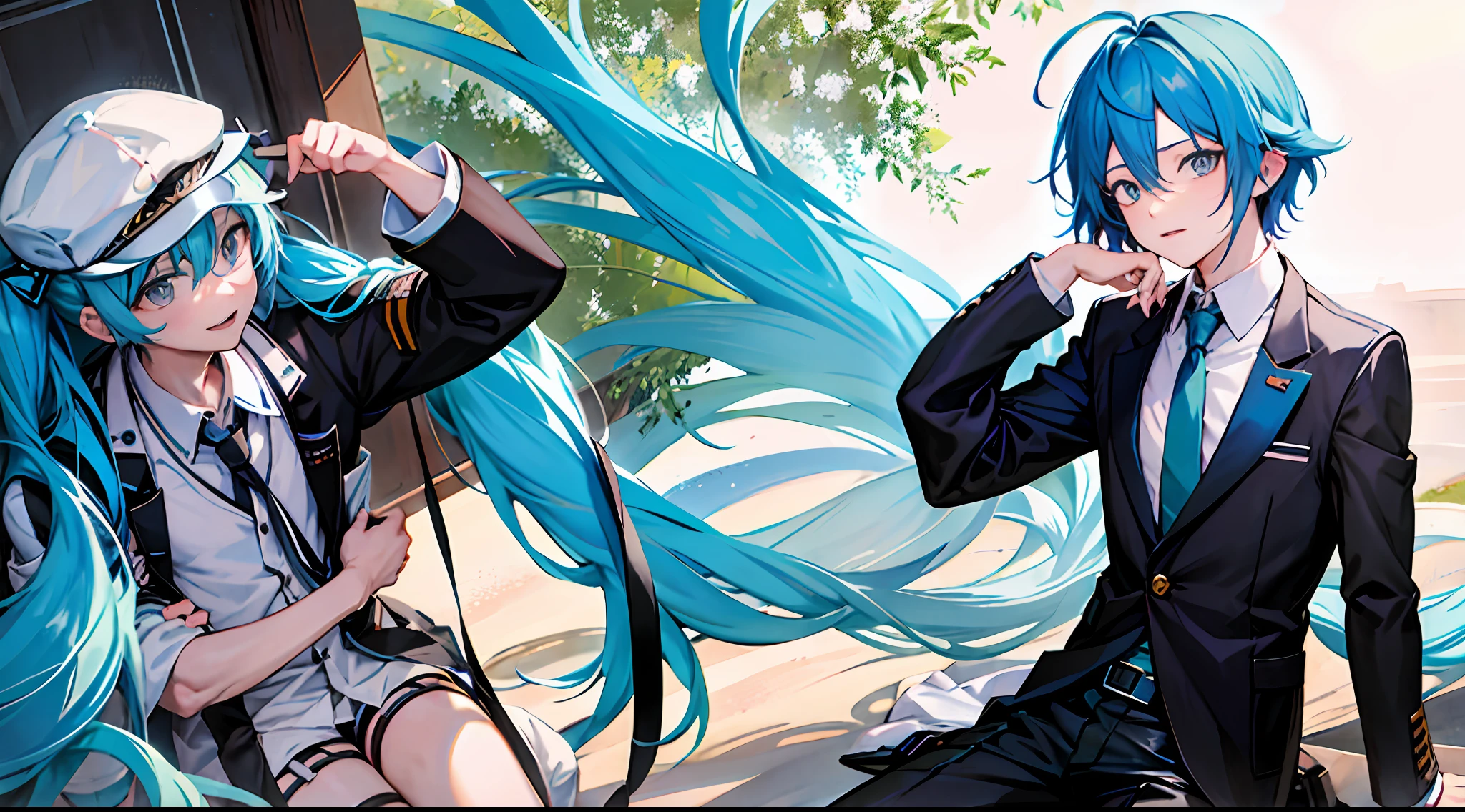 Blue hair and green tie anime boy, mikudayo, with index finger, 2 d anime style, Anime boy, Tall anime guy with blue eyes, Handsome anime pose, vocaloid, Hatsune Miku short hair, Anime moe art style, young anime man, 2d anime, hajime yatate, male anime character, trigger anime artstyle