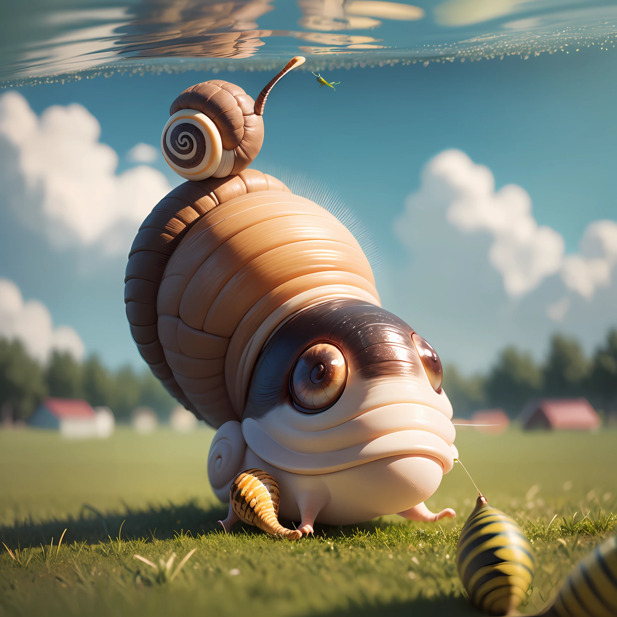 Sports competitions. Funny, funny Snail and funny Caterpillar. They fly somersault from a springboard into the water. close-up. Disney Pixar cartoon style frame, super photorealistic, cinematic, muted colors, light haze, high-speed blurry background of a summer meadow. --auto --s2