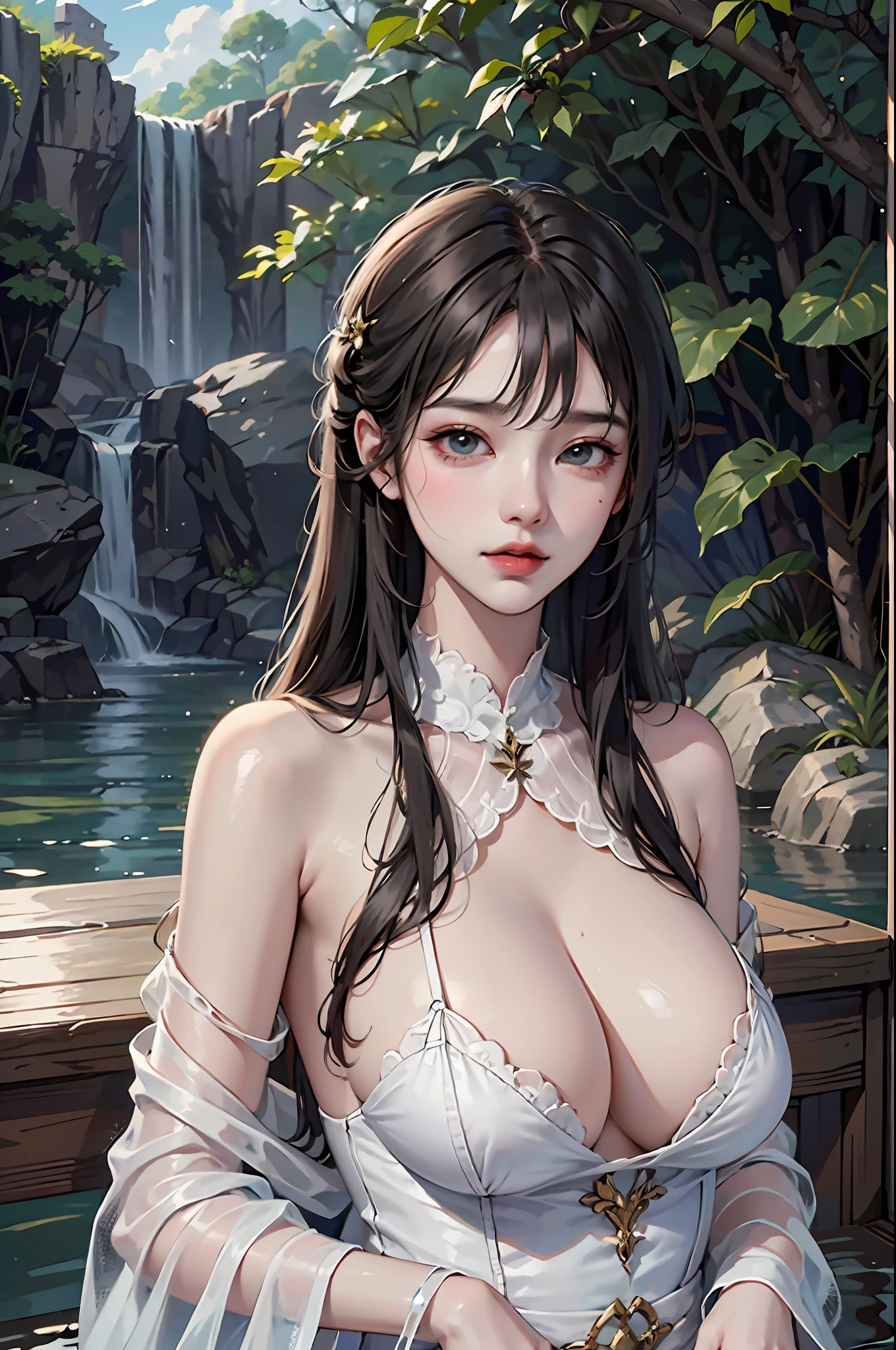 1 Super Japanese woman， top-quality， tmasterpiece， illustratio， very delicate beautiful， highly  detailed， CG， unit， 8k 壁纸， astounding， The attention to detail， tmasterpiece， high high quality， offcial art， The is very detailed，1个Giant Breast Girl，damp shirts，stood in the water，a plant，Cascades waterfalls background，sportrait