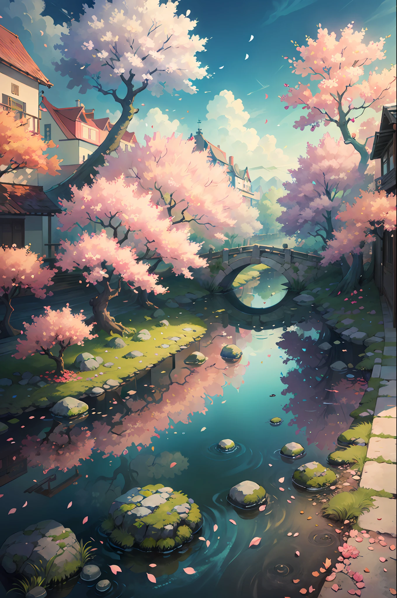 original,(illustration:1.1),(best quality),(masterpiece:1.1),(extremely detailed CG unity 8k wallpaper), (colorful:1.2), sakura tree, sakura petals,landscape, river|road,