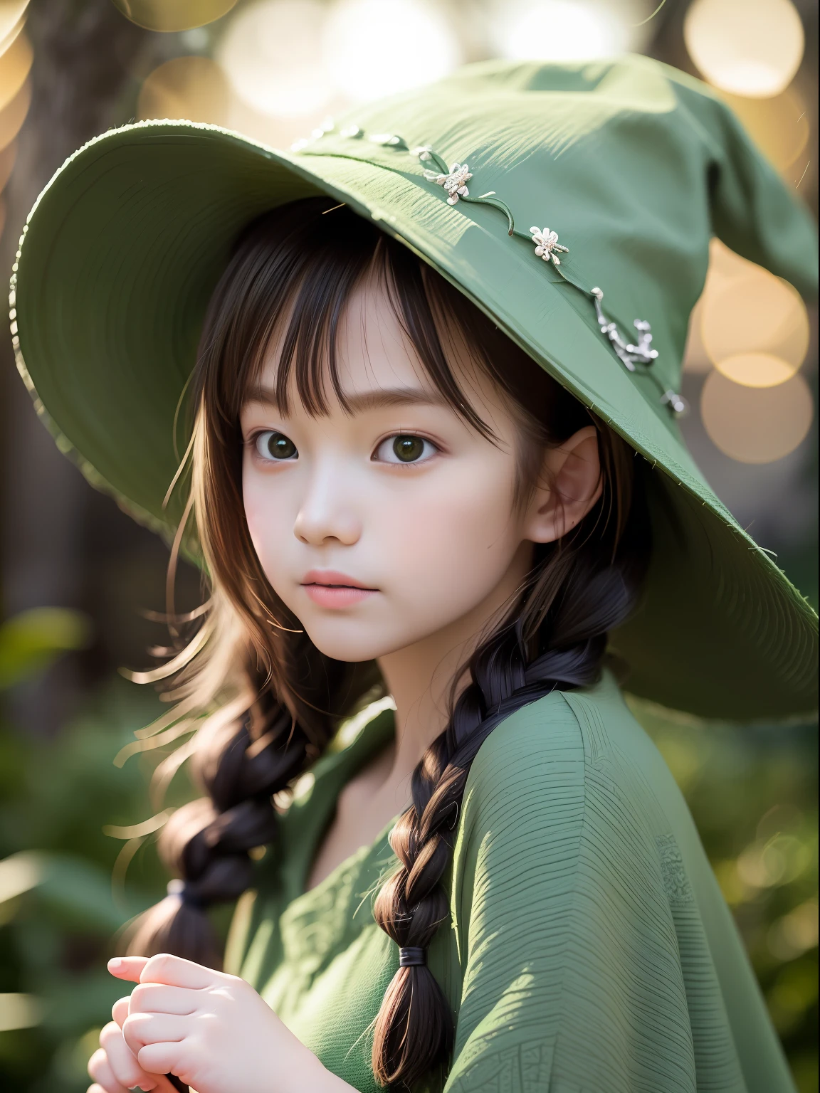 (Pretty little girl with braids wearing a green witch's hat), (cute girl about 11 years old), playing the lute, simple green witch hat,(masterpiece), (extremely intricate:1.3), (realistic), portrait of a little girl, the most beautiful in the world, (green witch's robe) , upper body, forest, intense sunlight, professional photograph of a stunning girl detailed, dramatic, award winning, cinematic lighting, , volumetrics dtx, (film grain, blurry background, blurry foreground, bokeh, depth of field, sunset, motion blur:1.3), chainmail,chuuChloe,yuyao,Realism,Oversized shirt