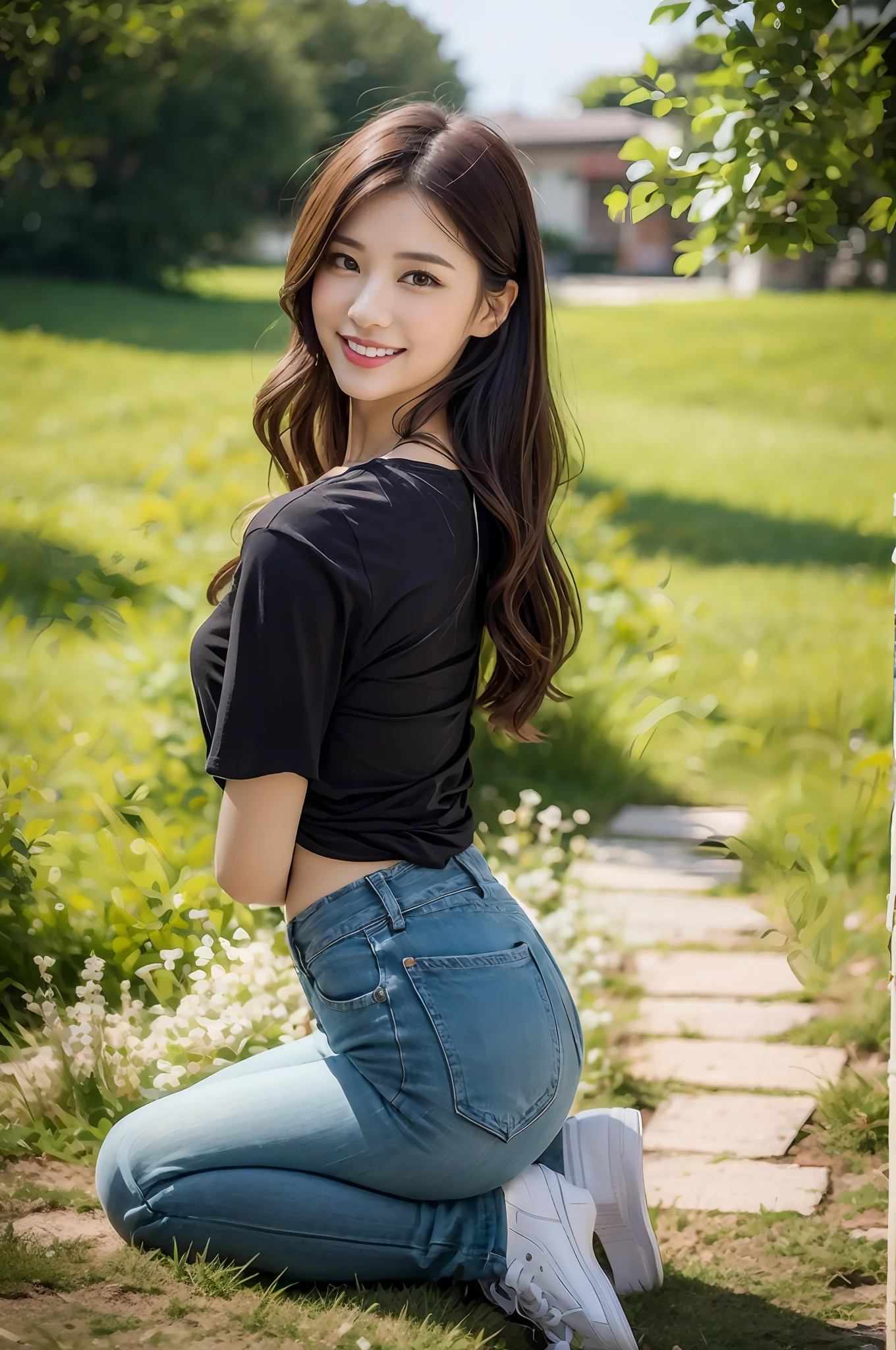 (RAW photogr,超高分辨率,tmasterpiece,best qualtiy:1.4),Complicated details,2 20 year old Korean girl,Wear a loose black T-shirt and skinny jeans,Stand on the grass and take pictures,hugs,Intimate relationships,Detailed meadow,A sweet smile on a small face,The face and skin are pink and fair,Ultra-realistic facial details,Ribbons and hair accessories,Playful and coquettish pose,The calves are straight and slender:1.5,Wear high-end branded colorful travel shoes:1.5,eventide,warm color,Broad lighting,naturalshadow,Shoot from the back,Beautiful waist and hips,taking a full body photo:1.8