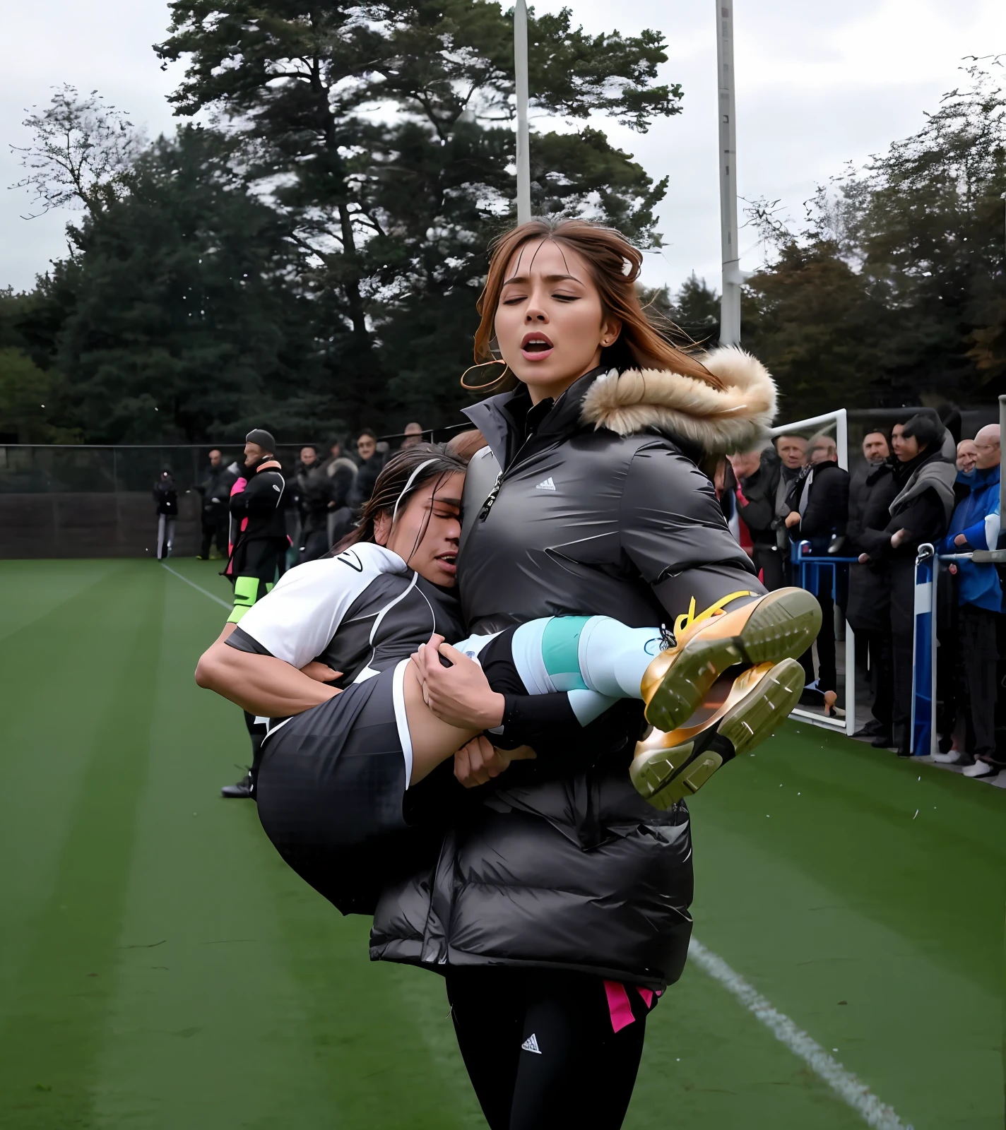 soccer action pose, affection pose, lecherous action pose, dramatic action pose, theatralic pose, there is an attractive woman that is carrying a suffering sportsman, there is a beautiful woman in a very very shiny waterproof coat who is carrying a consciousless and shorthaired man in her arms, a longhaired beautiful woman in a high-shine black puffy coat, a longhaired woman in a shiny downcoat, a woman is carrying a shorthaired man who is wearing matte cotton shorts and a matte cotton t-shirt, a weak man in matte cotton sports shorts is consciousless and needs to be carried, a shorthaired man with closed eyes is carried in the arms of a longhaired woman, a woman looks very scared and terrified, a consciousless man with closed eyes is suffering very much and has a very painful face, photo, photo shoot, photographed , accident, help, aid, first aid, pity