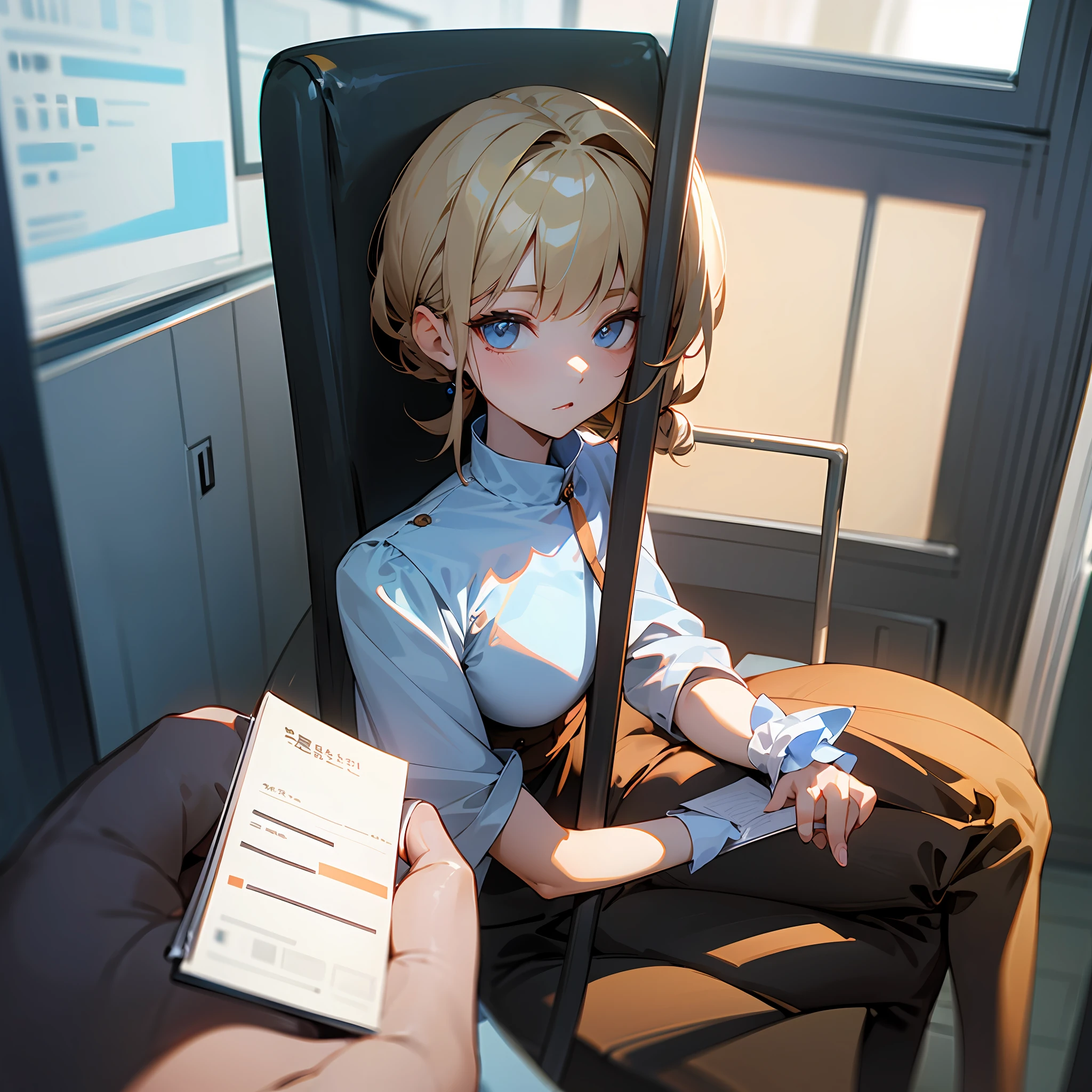 Enter the room and interview the employees of the company、Pipe chair、The interviewer is taking notes --auto