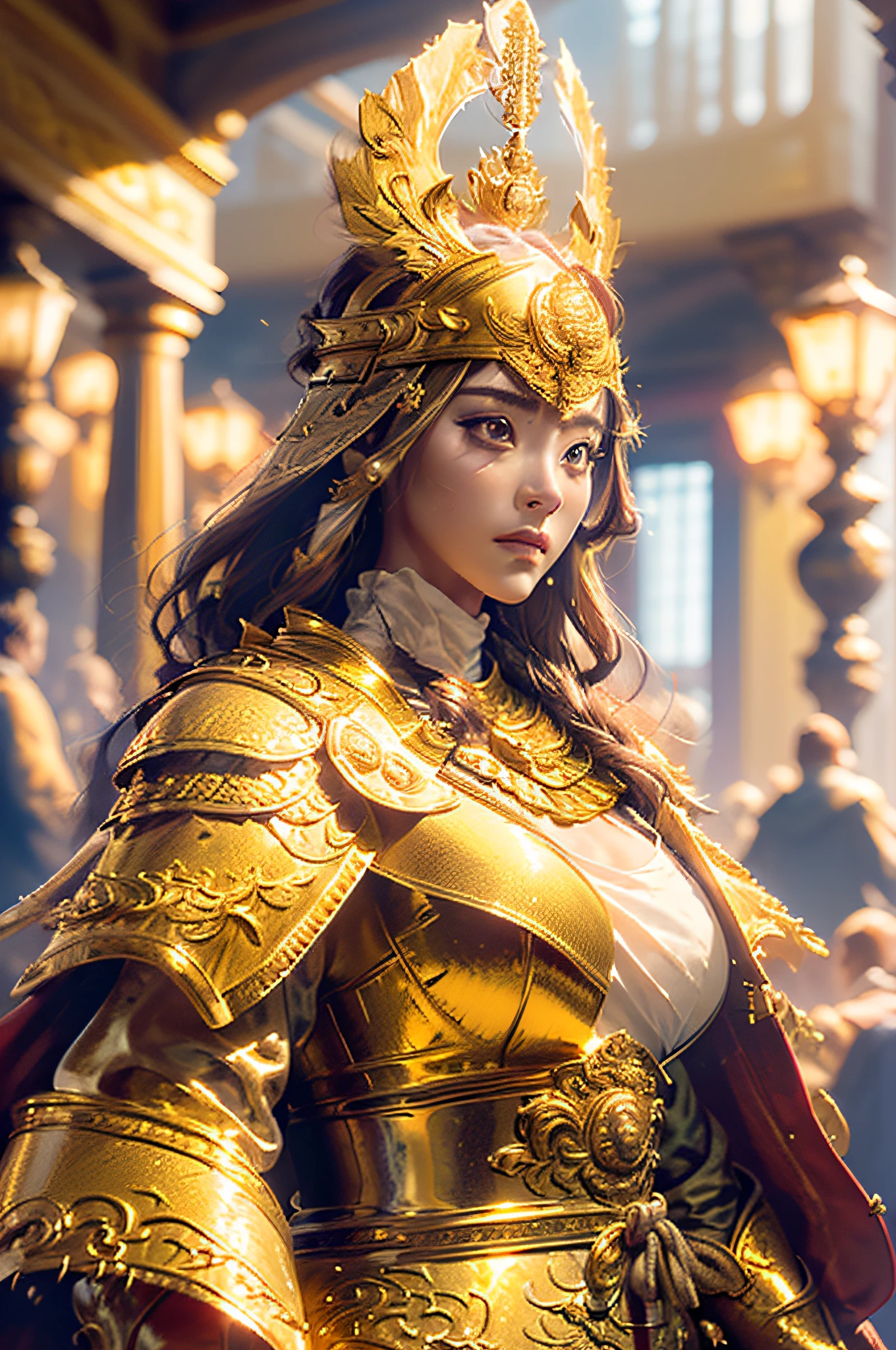 ((masterpiece))), (((best quality))), ((ultra-detailed)), (hyperrealistic), (highly detailed CG illustration), cinematic light, photorealistic ,extremely beautiful young lady, light makeup, big breast, intricate golden eaba, golden care cape, spear, golden hour