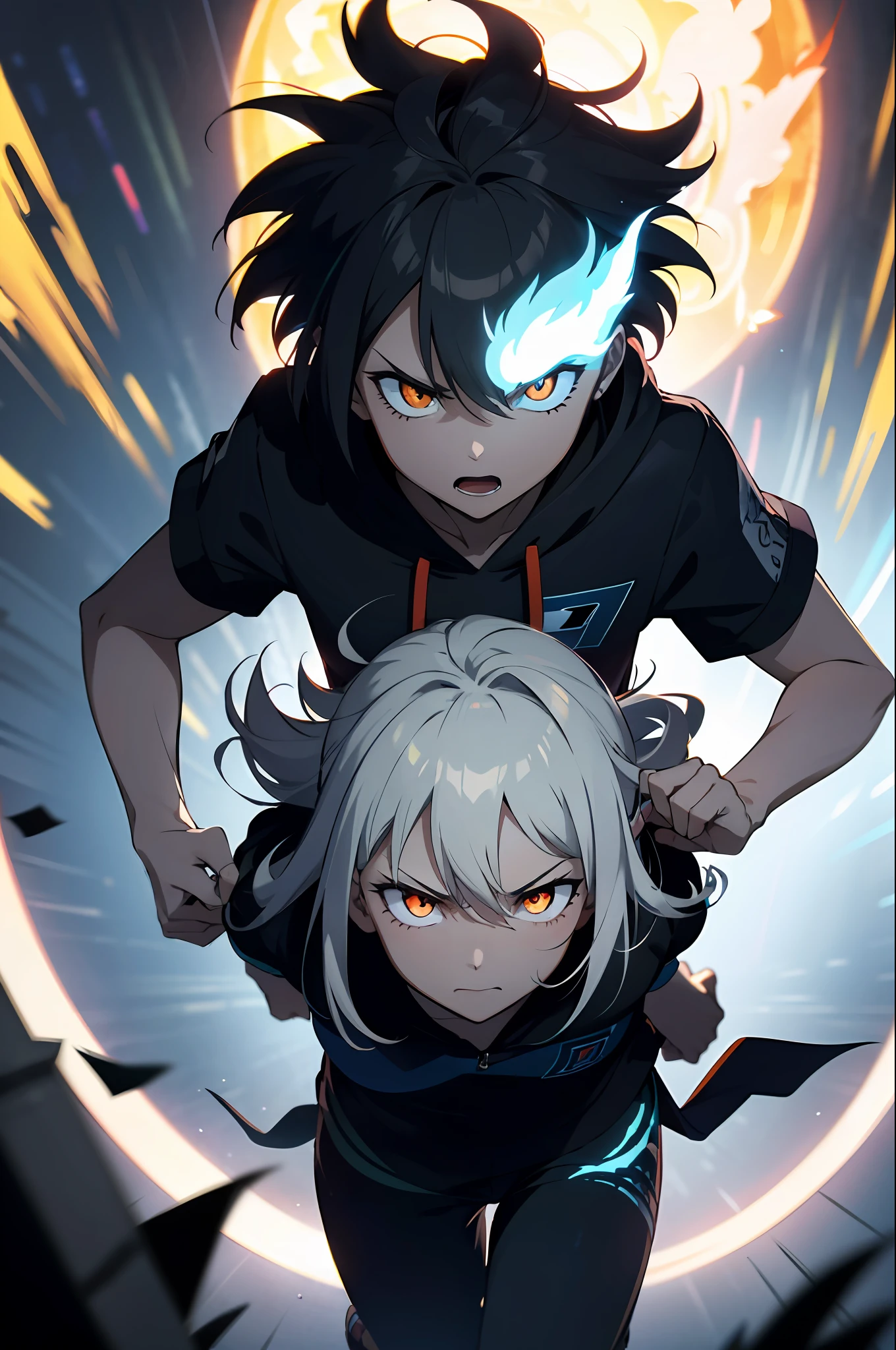 absurdres, (best quality), (masterpiece),(ultra-detailed:1.2),(photorealistic:1.1),(highres),from above,Yin Yang background, ,silhouette ,
1girl,angry,
(motion blur:1.7) ,speed lines ,
hinata\(boruto\), purple hoodie, brown pants, black shirt,glowing eyes,
(wind:1.4),(swirling:1.3) (,blue fire:1.3),(burning hands:1.1),
fire,