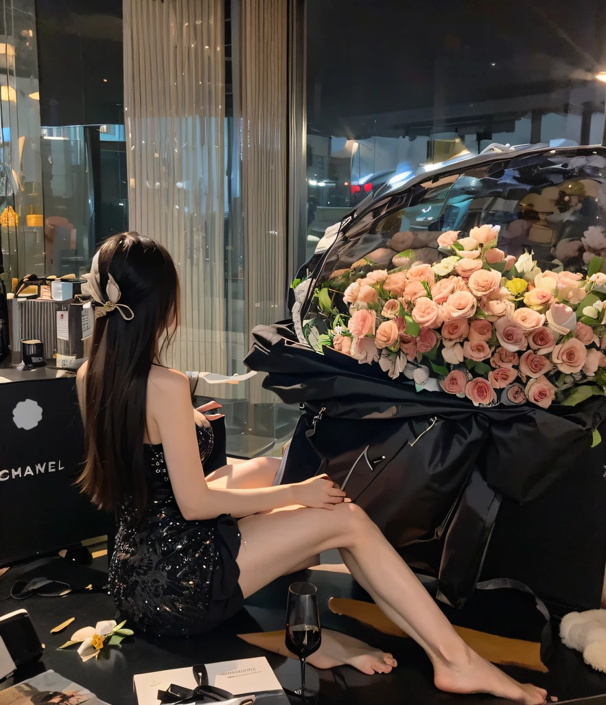 ,Masterpiece, Best quality,8K, 超高分辨率,Reallightandshadow,Cinema lenses,Cute beauty,A large bouquet of roses next to it
