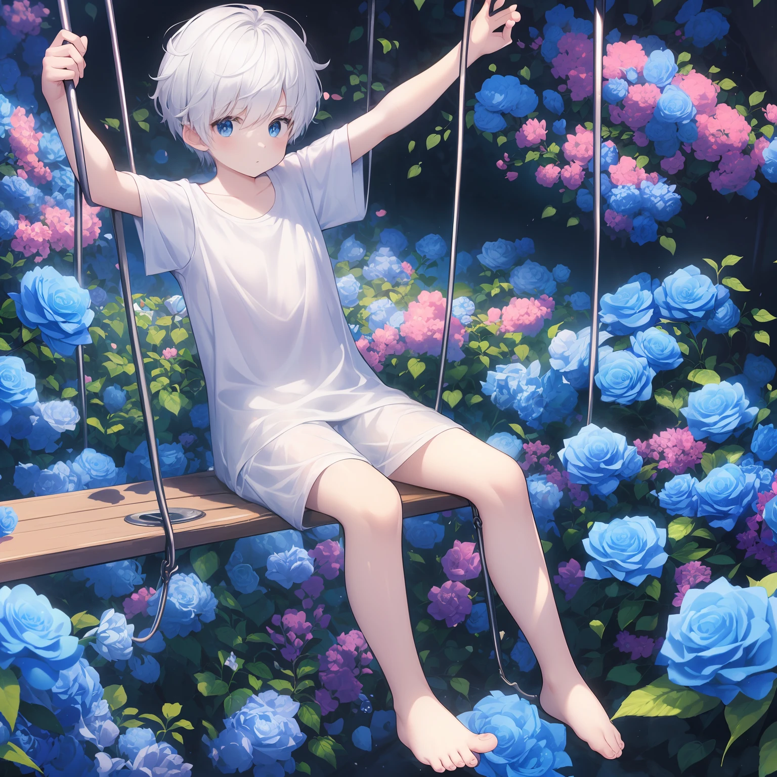 (4K), little boy with white hair and barefoot and white clothes and covered in oil , He sits on a Giant swing , which is covered with blue roses, und betet, Nebel Licht, Impressionismus, 2D, (Dornen: 1.1), (toter Baum: 1.1) Focused on feet,
