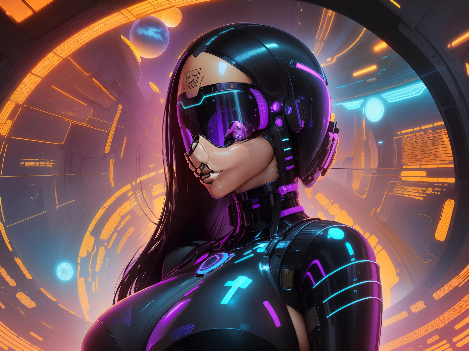 neon cyberpunk beautiful arab identical twins in middle of composition, (((ultra detailed flat earth futuristic city ))), beautiful arab twins, detailed and intricate (((space background))), featuring high-tech holographic projections and sleek architecture, nebula and black hole, art by (((Syd Mead, Masamune Shirow, Dylan Kowalski))), highly detailed photo realistic, (((cell shading))), god rays, ultra sharp focus, ultra high quality, vibrant, (very enormous breast:1.7), (bare breasts:1.4), shiny latex is black, latex stockings, long black hair, (shiny skin:1.4), shiny lips, very big ass, symmetrical detailed face, toned, sexy, masterpiece
