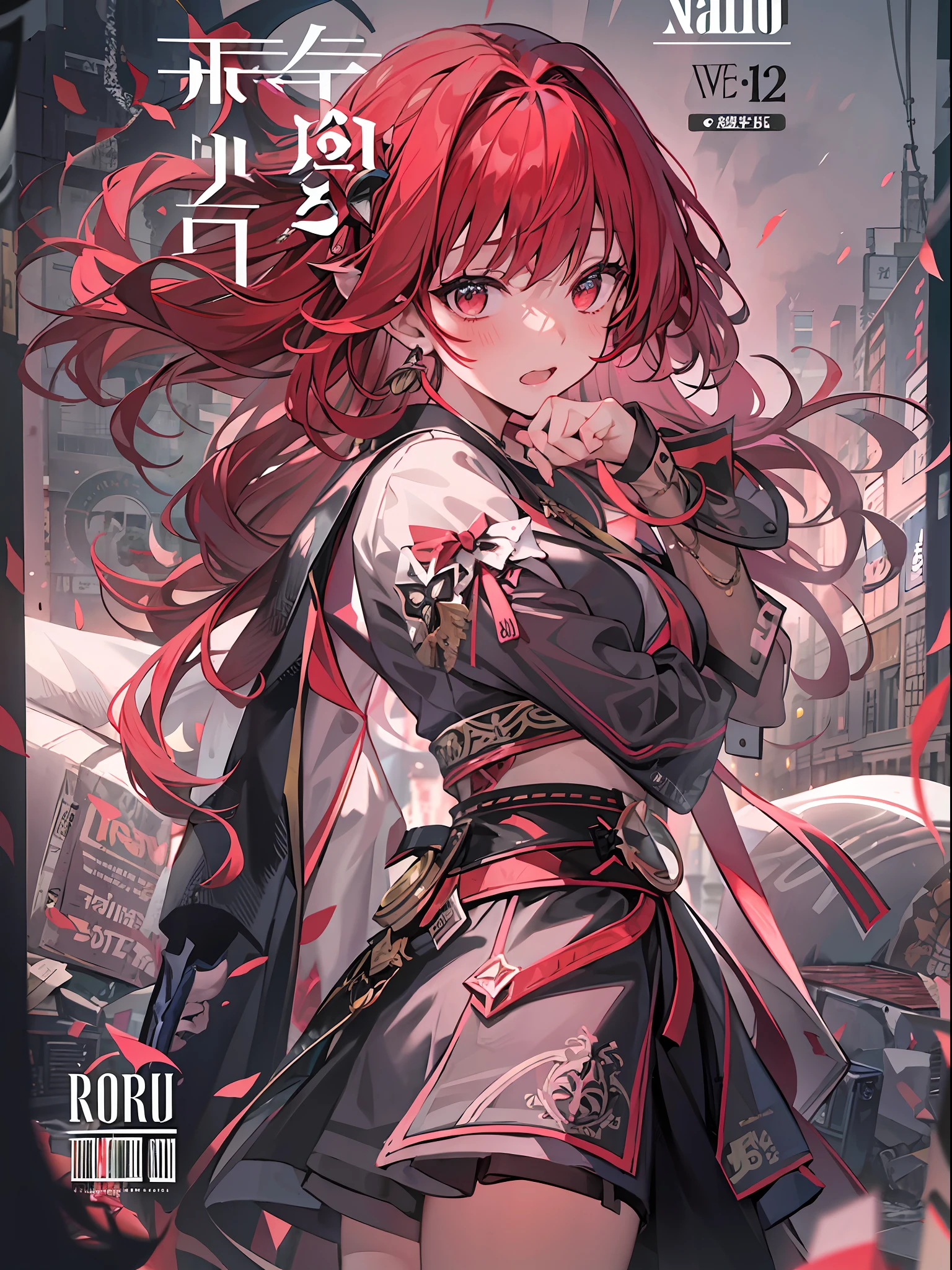(masterpiece、top-quality、hight resolution)、 Kana Arima \(Oshinoko\), full of shyness、red hairs、Bob Hair、red blush、Wavy mouth、(((Dramatic)))、(((gritty)))、(((vehement))))The poster of the film appears as a central character。She is shy in the center of the poster、Wearing an idol costume、Has a determined look。The background is dark and rough、I feel like I'm drunk。Text is bold and eye-catching、Catchy slogans add to the overall drama and excitement。The color palette is dominated by dark colors.、Bright colors dotted、Make your poster dynamic and visually impactful、Tachi- e(magazine:1.3)、(cover-style:1.3)、Fashionable、with a vibrant、outfits、the pose、the front、colourfull、Dynamic、Background with、element、self-assured、Expressively、ngel、statement、attachment、An majestic、coiled、surroundings、Touch、The scene、Texto、covers、boldface、grab attention、Titles、lo fashion、Font、Catchy、Titles、Large、grab attention、moderno、 Trendy、concentrating、Stylish、1 girl in