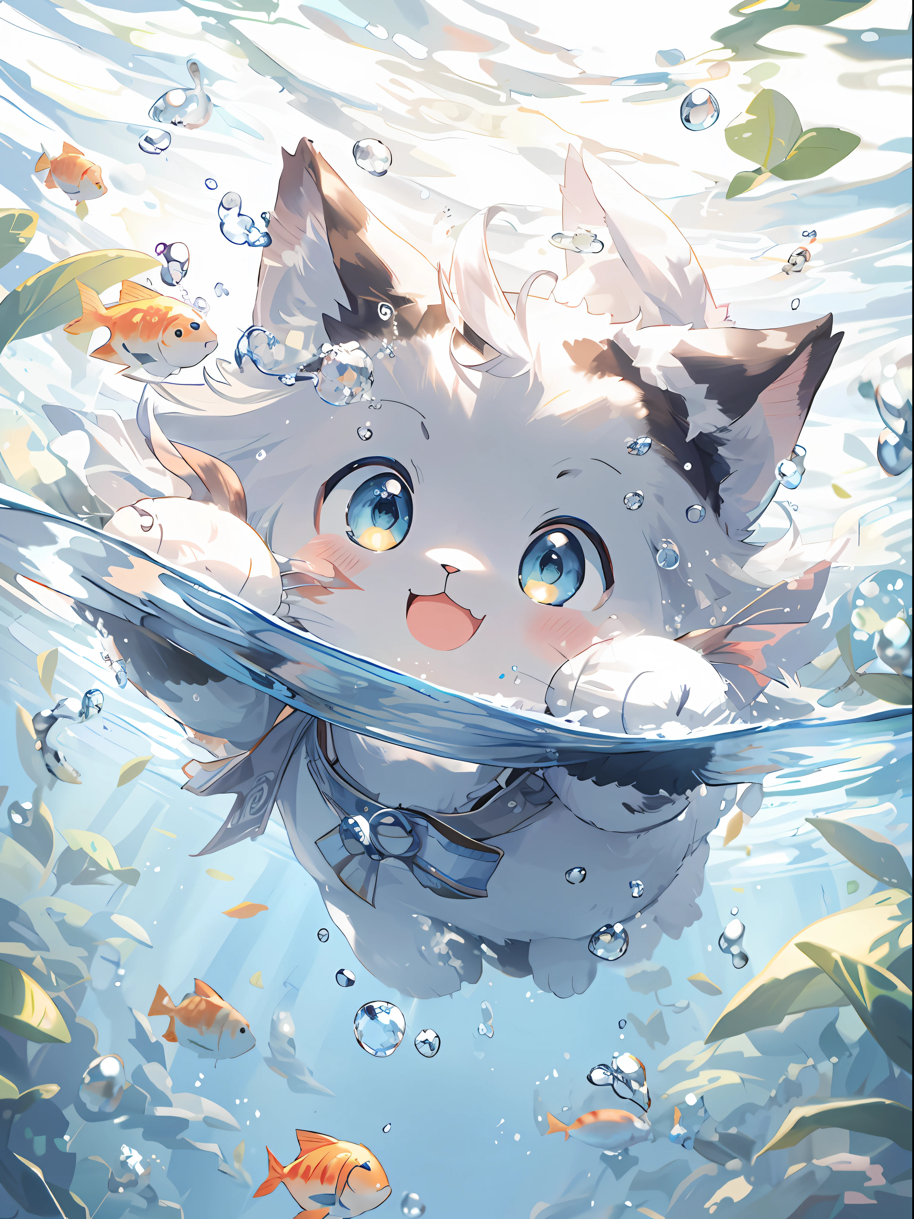 Anime cat in the water，Fish around, anime visual of a cute cat, trending on artstation pixiv, Cute detailed digital art, a cat swimming in water, wallpaper anime blue water, anime cat, clean and meticulous anime art, Pisif Contest Champion, Pisif, Guweiz in Pixiv ArtStation, Splash art anime ****, cute detailed artwork