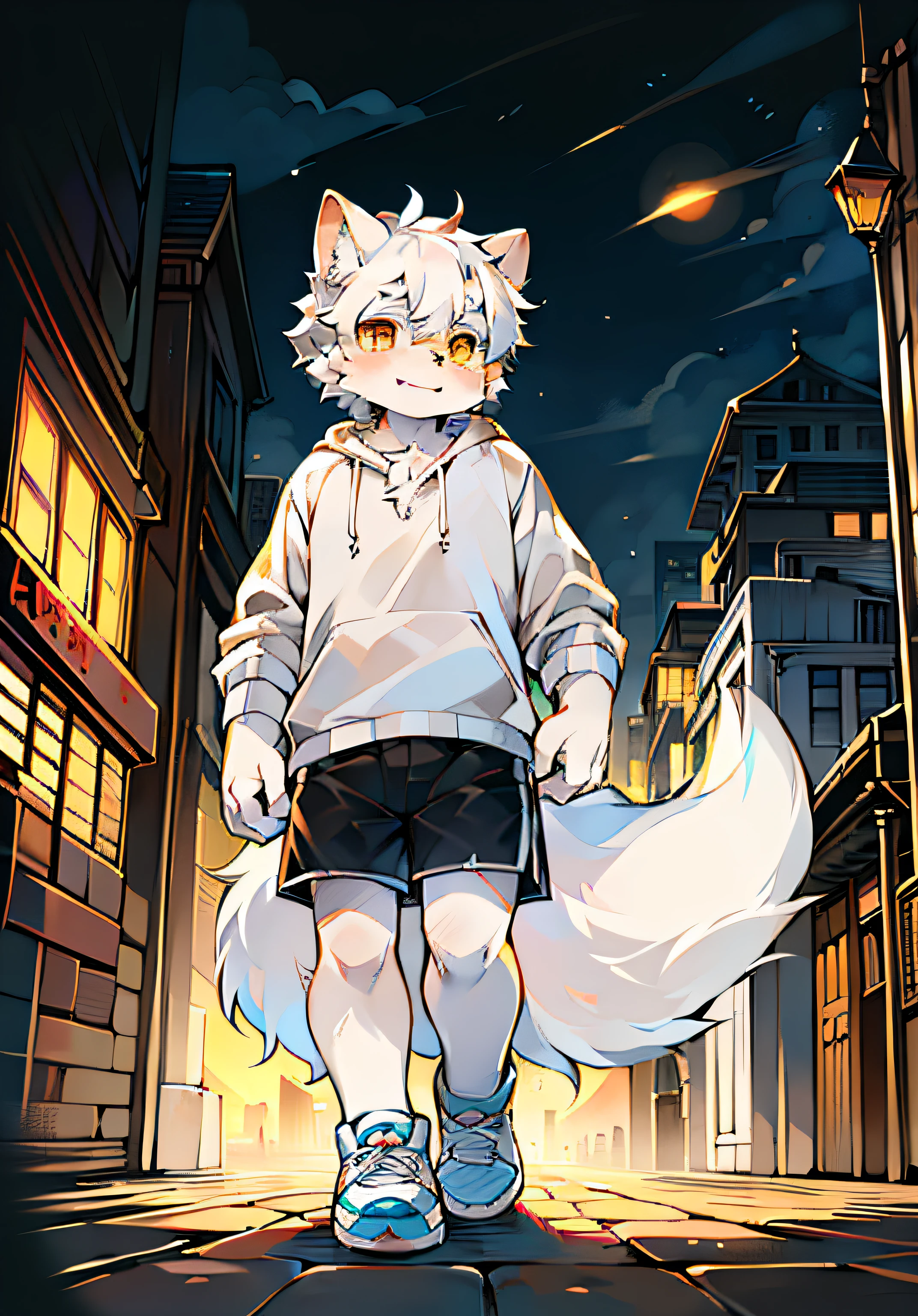(Bright environment:0.8),masterpiece,high quality,abstract res,digital painting\(artwork\), by dagasi, yupa,kiyosan,(anthro,fluffy fur,character focus:1.1),anthro male cat,short hair,portrait , eyes with brightness, in a panoramic view, Character focus.(detailedbackground:Large cities 0 during the day.7), 独奏, shaggy, shaggy male, malefocus, anthr,(Full Body Furry,Large, fluffy tail in all white,White ears、 White fur,adolable ,Yellow doji eyes, Short black hair:1.2), (long canines、Dog Samoyed、White hooded T-shirt、white ultra short pants、White shoes、White hair all over the body:1.2),(external、big city,shanghai:1.1)