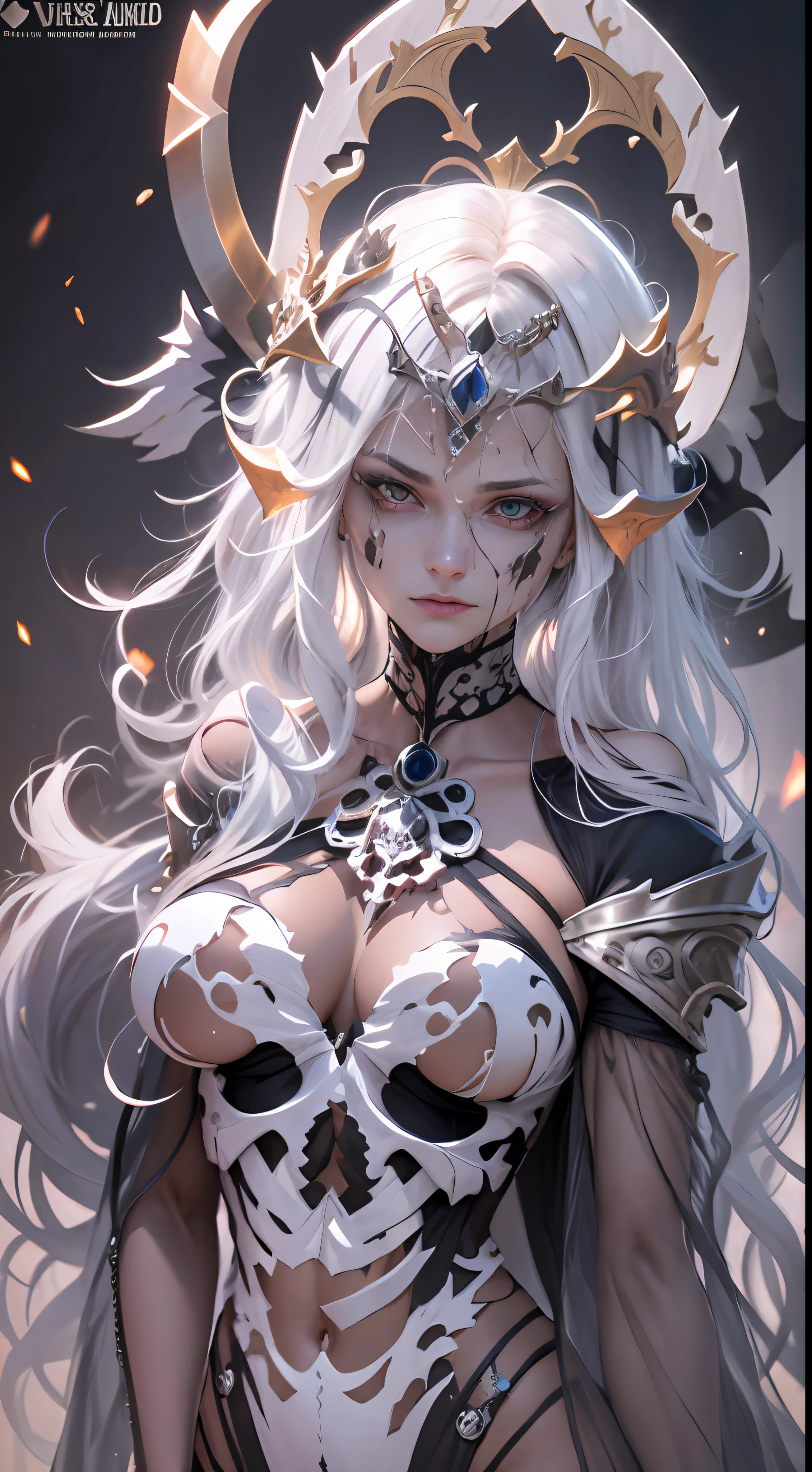 Undead Maiden, 3D,Delicate and seductive face,Wears rococo intricate black bone joint armor, Upturned breasts,Skulls are everywhere, ripped apart, Exquisite bone blood stained with blood,There is a bone crown on the head,The expression is hideous, Heterochromia, Silver hair, floated hair, Wavy hair, Halo, crescent hair ornament, Red eyes, long eyelasher, White bone pendant, Armed with the Grim Reaper Scythe, The scythe has green complex runes on it, Light and shadow scattered,Interweave this big fireball,Vignetting, Verism, surrealism, Rococo style, Ray tracing, Sparkle, Cinematic lighting, Motion blur, god light, chromatic aberration abuse, character sheets, hyper HD, retinas, Masterpiece, ccurate, Textured skin, Anatomically correct, Super detail, High details, High quality, Best quality, A high resolution, 16k