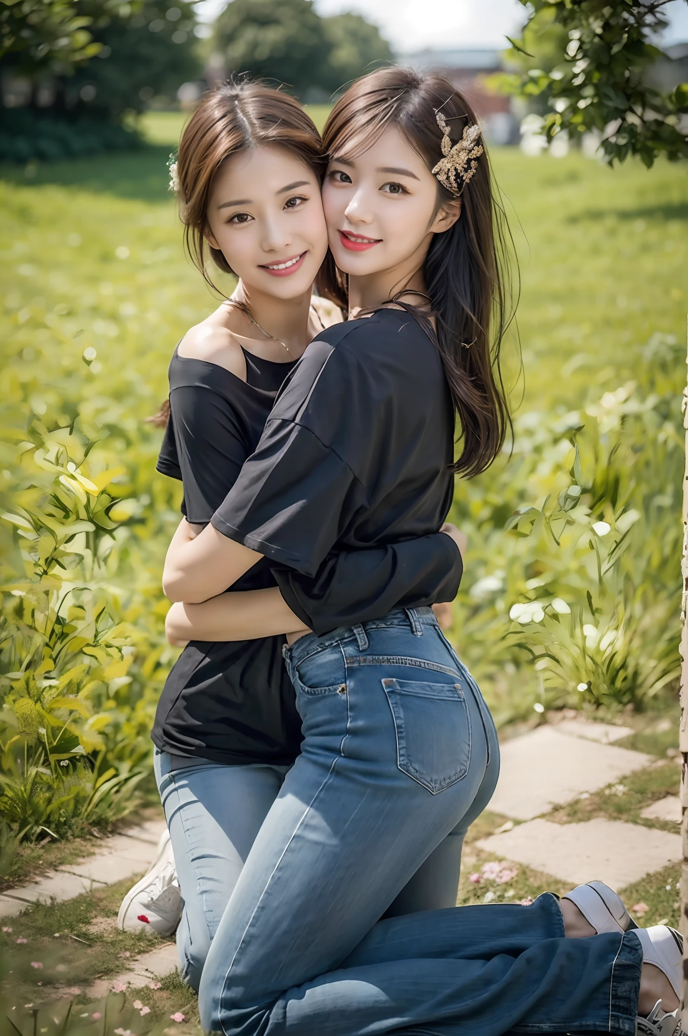 （RAW photogr，超高分辨率，tmasterpiece，best qualtiy：1.4），Complicated details，2 20 year old Korean girl，Wear a loose black T-shirt and skinny jeans，Stand on the grass and take pictures，hugs，Intimate relationships，Detailed meadow，A sweet smile on a small face，The face and skin are pink and fair，Ultra-realistic facial details，Beautiful ribbons and hair accessories，Playful and coquettish pose，The calves are straight and slender:1.5，Wear high-end branded colorful travel shoes:1.5，eventide，warm color，Broad lighting，naturalshadow，Shoot from the back，Beautiful waist and hips，taking a full body photo:1.8