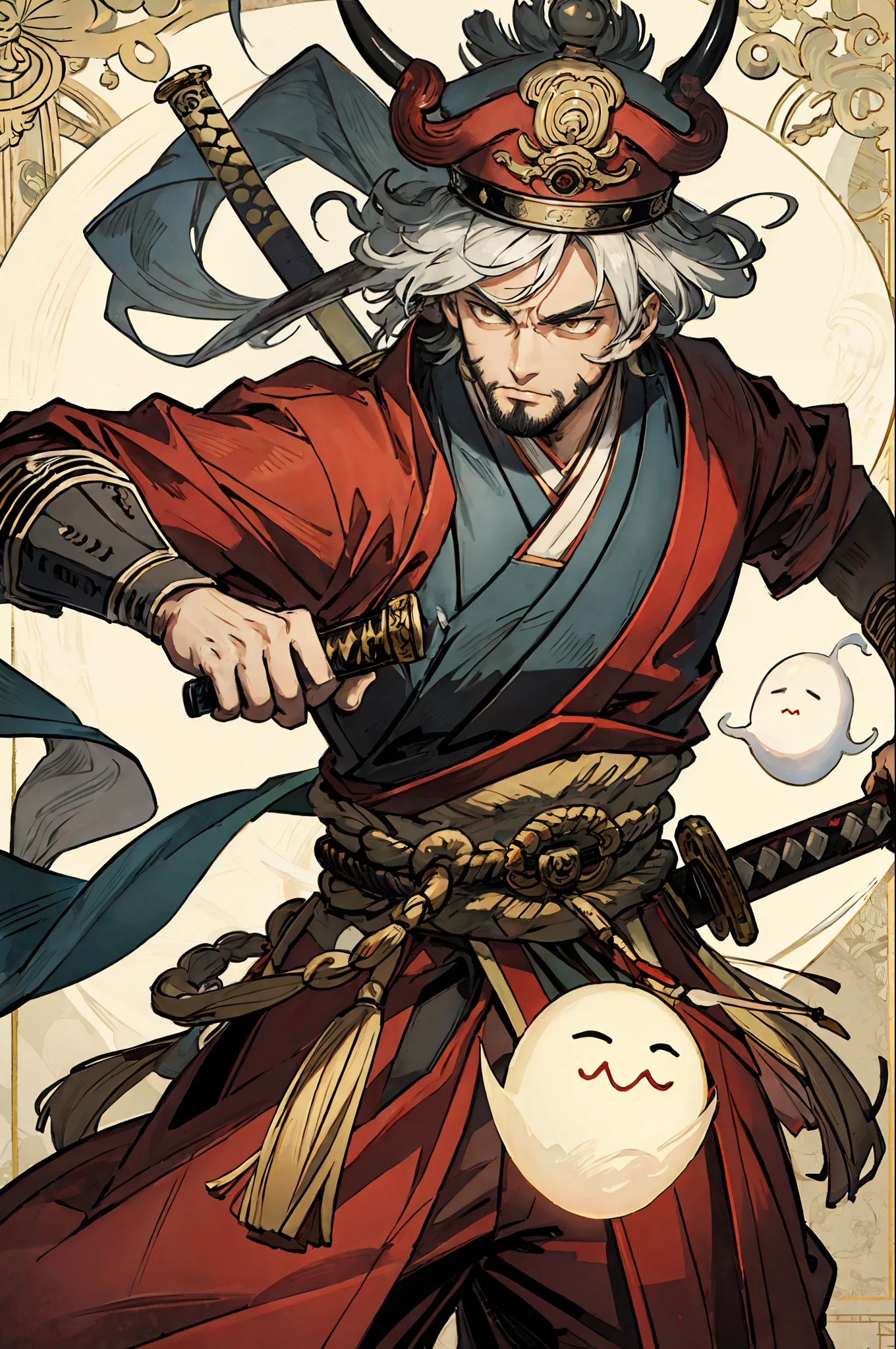 (best quality), detailed background, oriental emperor,oni man,combat arts, holding holding sword, oriental castle,ghost
