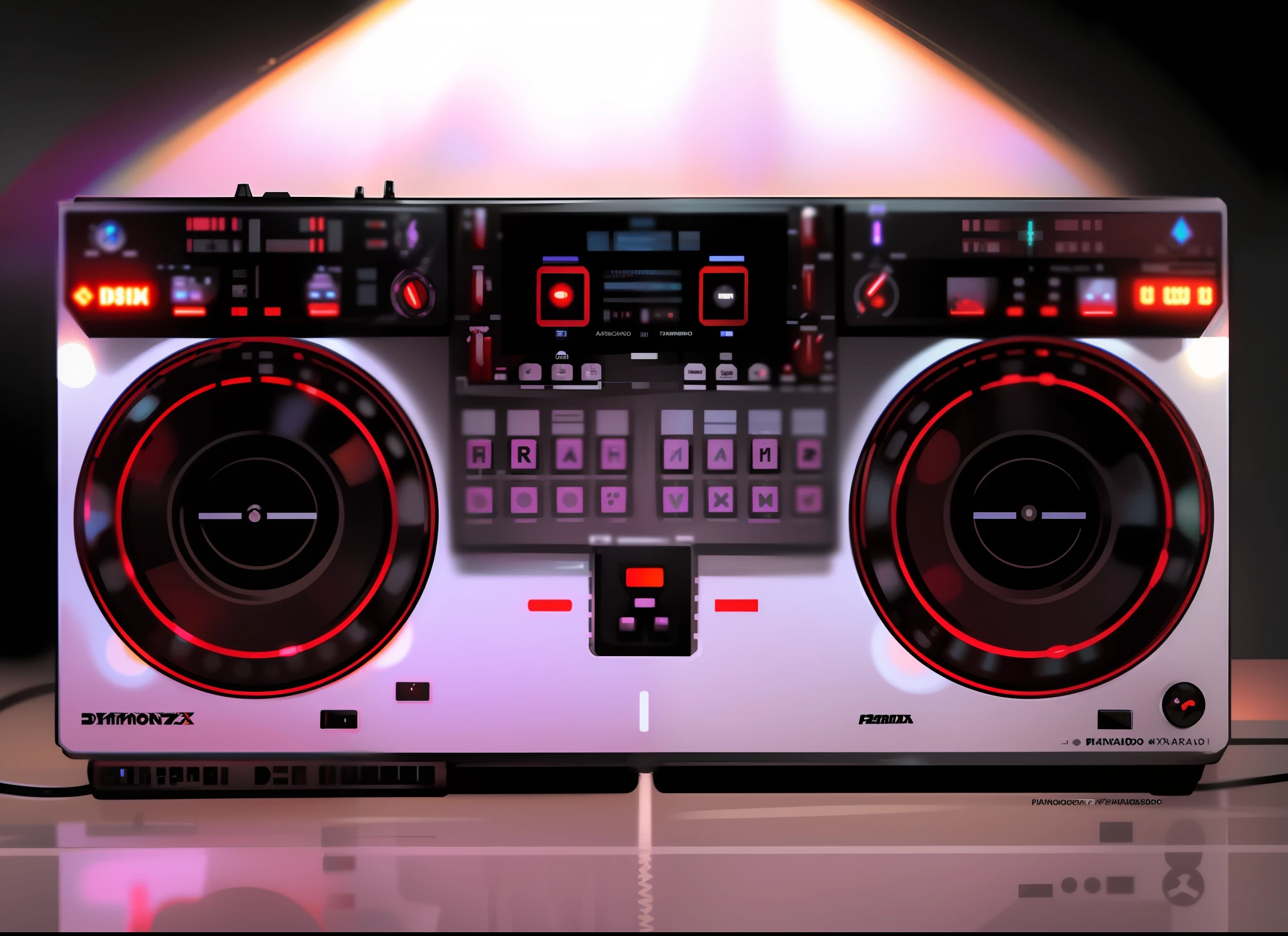 Um close up de um controlador de DJ com dois decks, Mixer DJ, DJ, Conjunto de DJ, turntables, DJING com toca-discos DJ, audio equipments, turntablist, Deck do controlador, Turntablism DJ arranhando, VST, Roland, Carregado, Controles, Sintetizadores, tambor & baixo, Panasonic, Controladores, Vsx, tocando techno house music