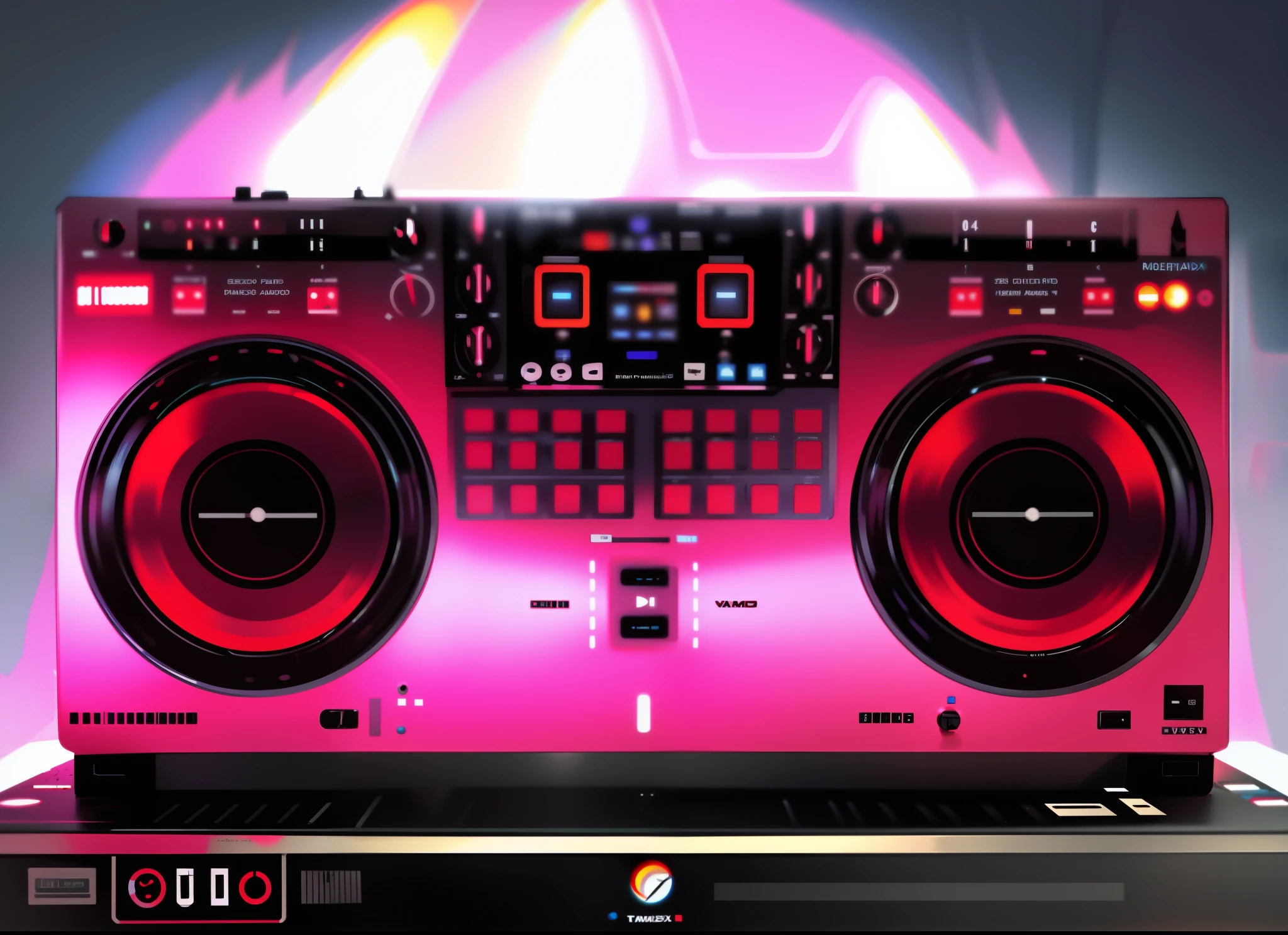 Um close up de um controlador de DJ com dois decks, Mixer DJ, DJ, Conjunto de DJ, turntables, DJING com toca-discos DJ, audio equipments, turntablist, Deck do controlador, Turntablism DJ arranhando, VST, Roland, Carregado, Controles, Sintetizadores, tambor & baixo, Panasonic, Controladores, Vsx, tocando techno house music