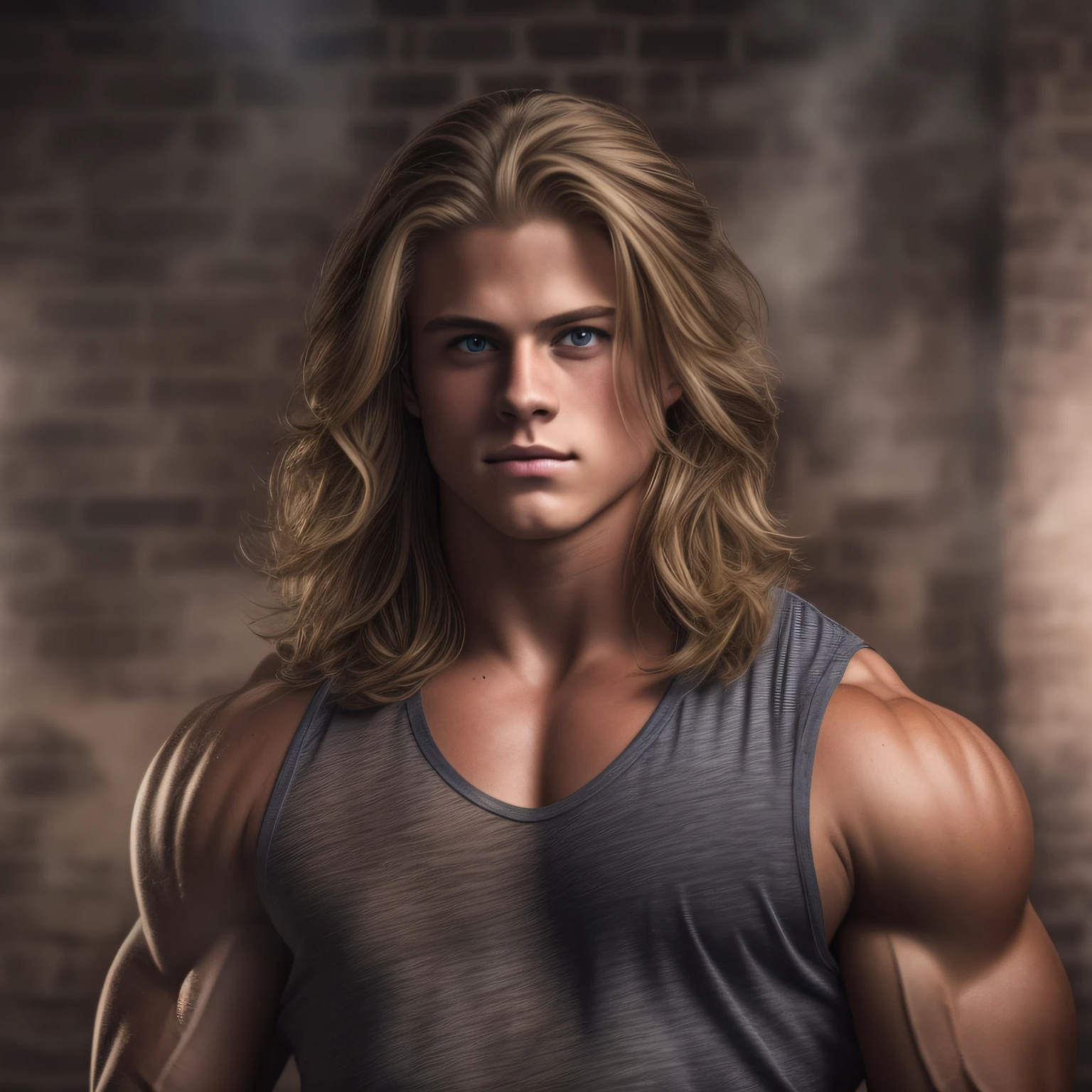 An 18-year-old boy bodybuilder, embodying the perfect fusion of Billy Magnussen and Cody Calafiore with long hair, exuding an aura of strength and confidence. Enhanced with HDR technology, this image depicts a true masterpiece, 4K