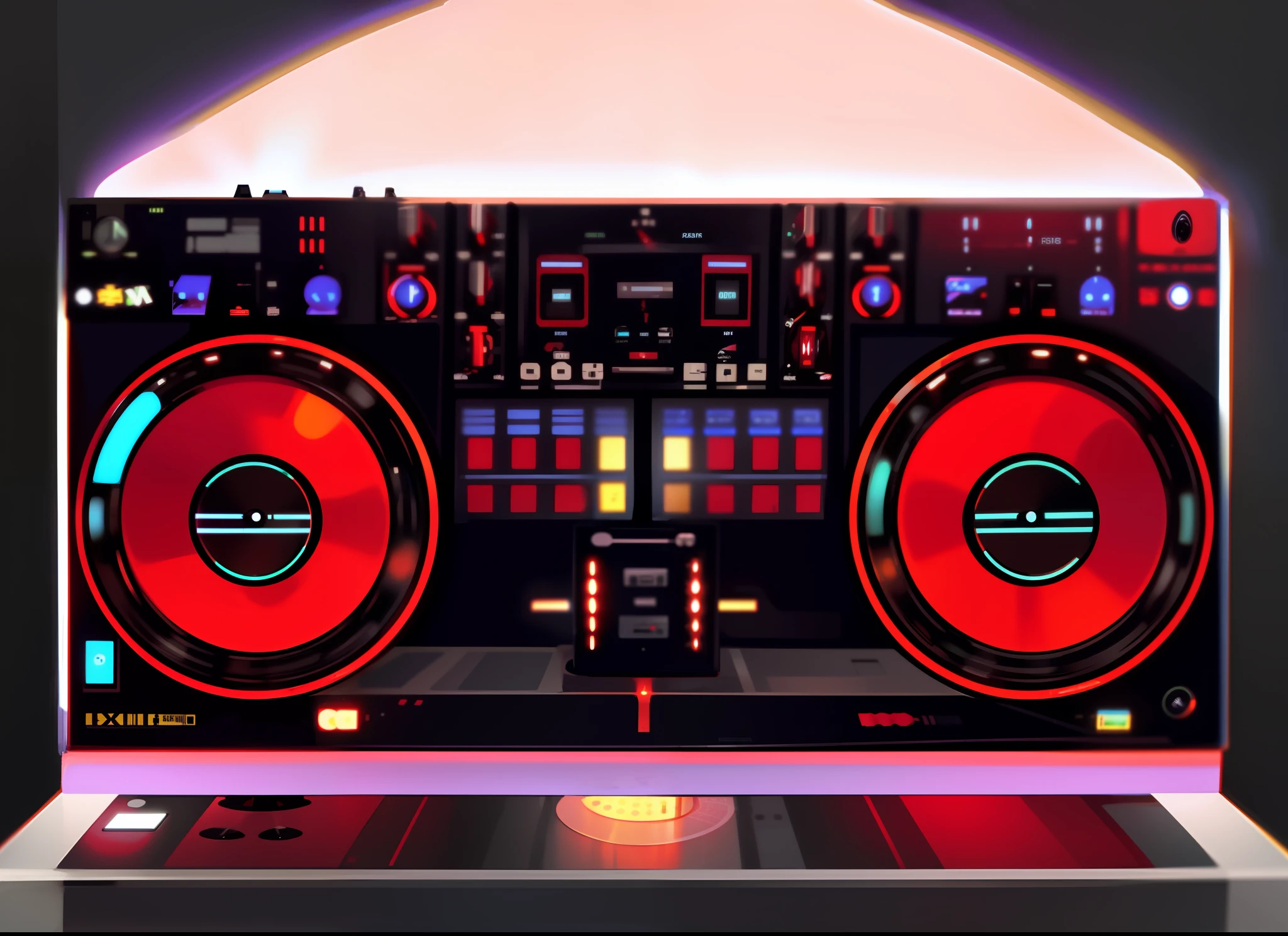 Um close up de um controlador de DJ com dois decks, Mixer DJ, DJ, Conjunto de DJ, turntables, DJING com toca-discos DJ, audio equipments, turntablist, Deck do controlador, Turntablism DJ arranhando, VST, Roland, Carregado, Controles, Sintetizadores, tambor & baixo, Panasonic, Controladores, Vsx, tocando techno house music