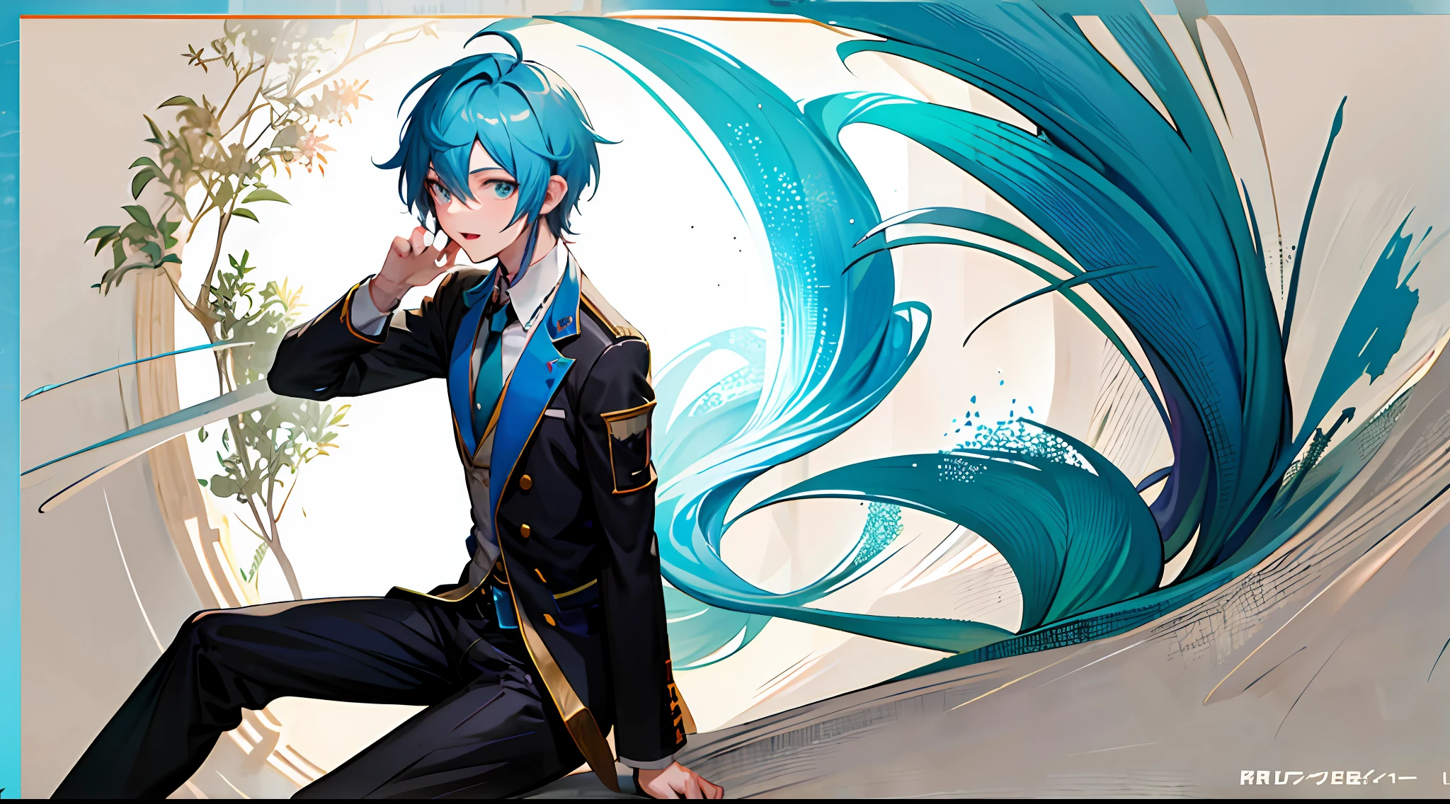 Blue hair and green tie anime boy, 2 d anime style, Anime boy, Tall anime guy with blue eyes, Handsome anime pose, vocaloid, Hatsune Miku short hair, Anime moe art style, young anime man, 2d anime, hajime yatate, male anime character, trigger anime artstyle