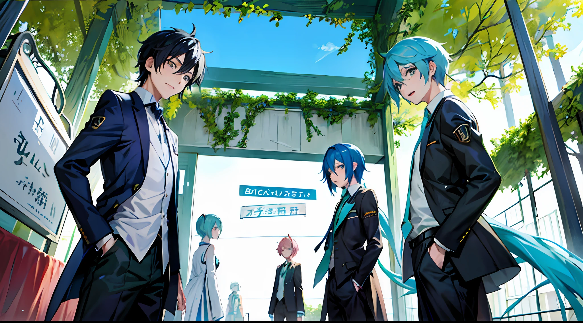 Blue hair and green tie anime boy, 2 d anime style, Anime boy, Tall anime guy with blue eyes, Handsome anime pose, vocaloid, Hatsune Miku short hair, Anime moe art style, young anime man, 2d anime, hajime yatate, male anime character, trigger anime artstyle