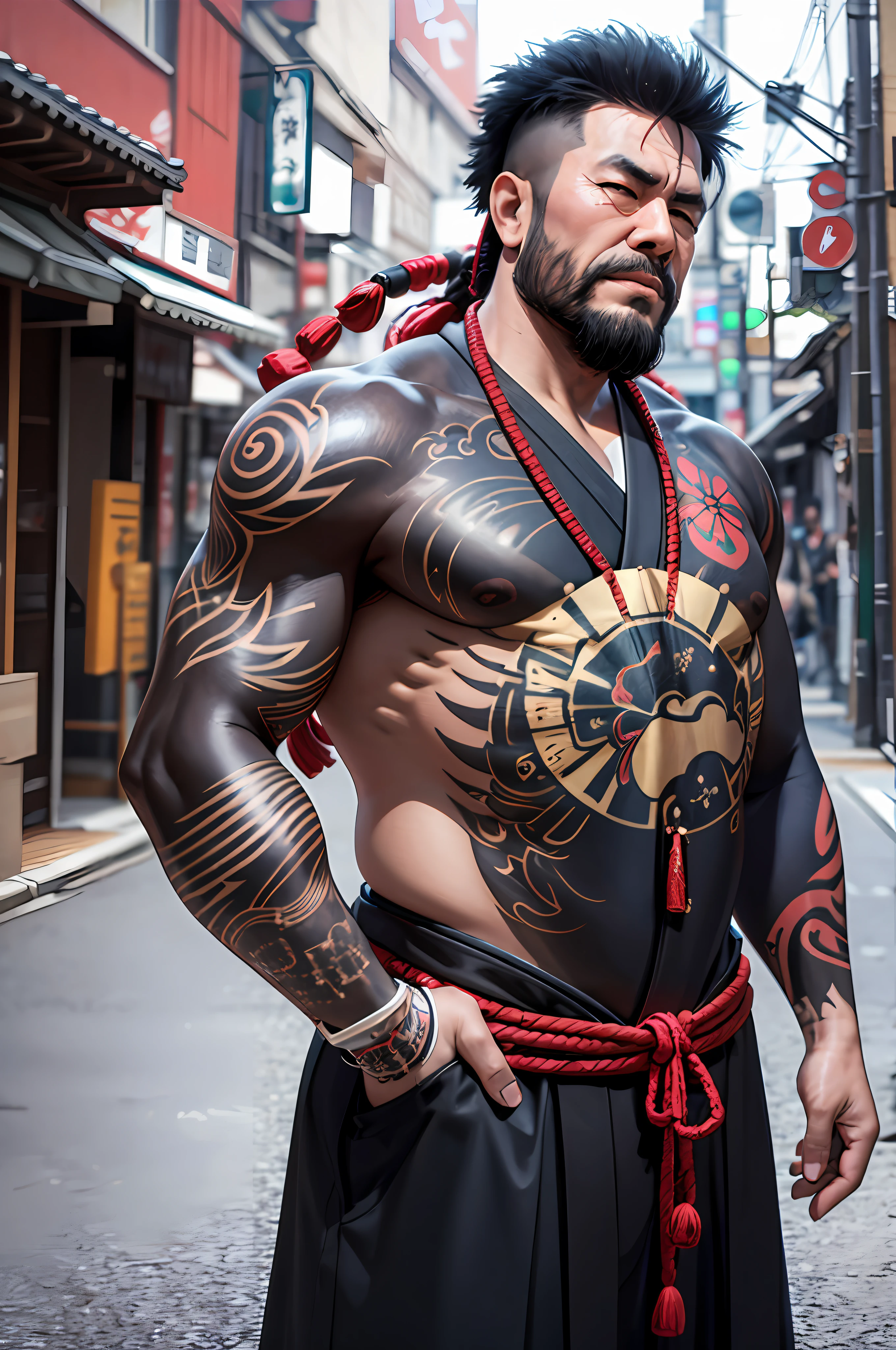 A japanese mafia fully tattooed holding a samurai,16k resolution,vivid,masterpiece,ultra realistic,perfect,3D