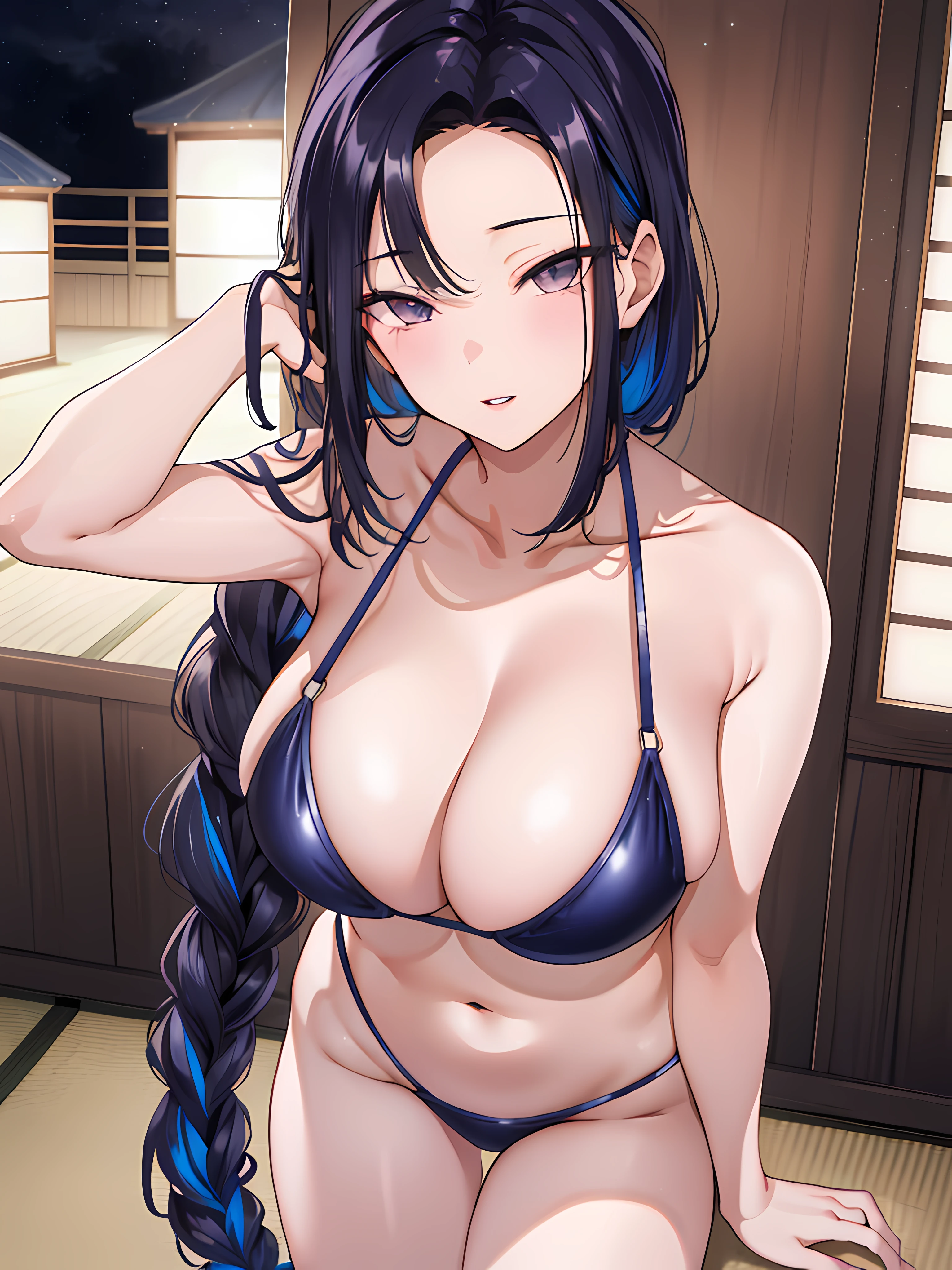 (Night:1.7), Japan, Tokyo, CityView, Before Window,
looking at viewer, (seductive look:1.2), happy, smile,
(slingshot_swimsuit:1.3),cleavage,
black_hair, long_hair, hair_pulled_back,parted_lips,purple_eyes, braid,
1 girl, 24yo,mature female,Beautiful Finger,Beautiful long legs,Beautiful body,Beautiful Nose,Beautiful character design, perfect eyes, perfect face, perfect fingers, perfect hands, perfect breasts, perfect body, perfect mouth, perfect lips,
looking at viewer, in the center of the image,
NSFW,official art,extremely detailed body, exteremly detailed face, extremely detailed hair, extremely detailed eyes, wallpaper, perfect lighting,Colorful, Bright_Front_face_Lighting,
(masterpiece:1.0),(best_quality:1.0), ultra high res,4K,ultra-detailed,
photography, 8K, HDR, highres, absurdres:1.2, Kodak portra 400, film grain, blurry background, bokeh:1.2, lens flare, (vibrant_color:1.2)
(Beautiful,large_Breasts:1.4), (beautiful_face:1.5),(narrow_waist),