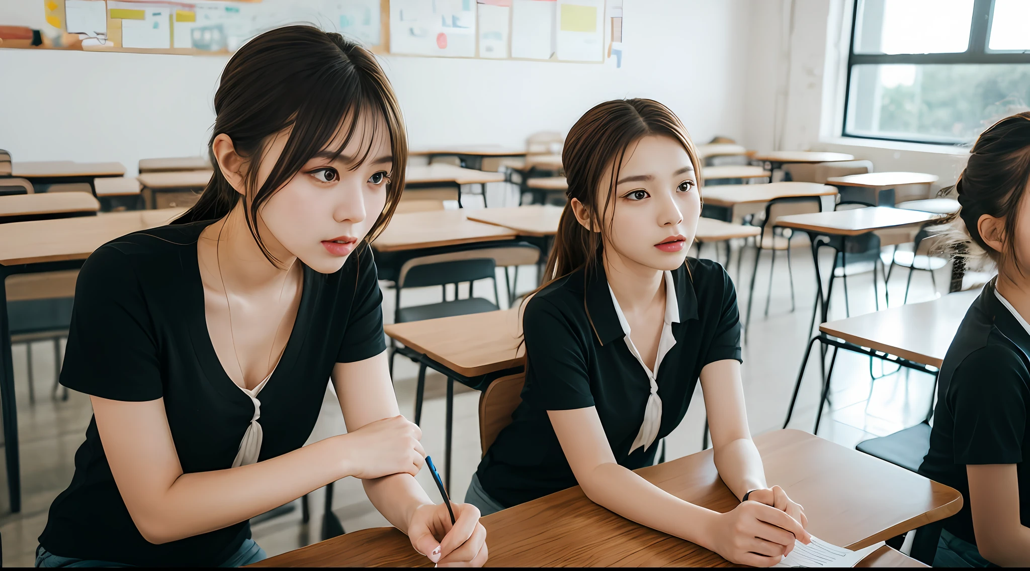 realisticlying,realisticlying,tmasterpiece,best qualtiy,twin girls,,(Standing in a spacious and bright classroom),looking at viewert,(Long smooth and bright brown hair tied into a high ponytail),(on focus),((a color))),Upper body shirt,Ultra shorts,tmasterpiece,best qualtiy,Exquisitely,highly detailed,(denoised:0.6),highly,A detailed,(tmasterpiece,best qualtiy,the Extremely Detailed CG Unity 8K Wallpapers,tmasterpiece,best qualtiy,ultra - detailed),(Lycoris radiata),