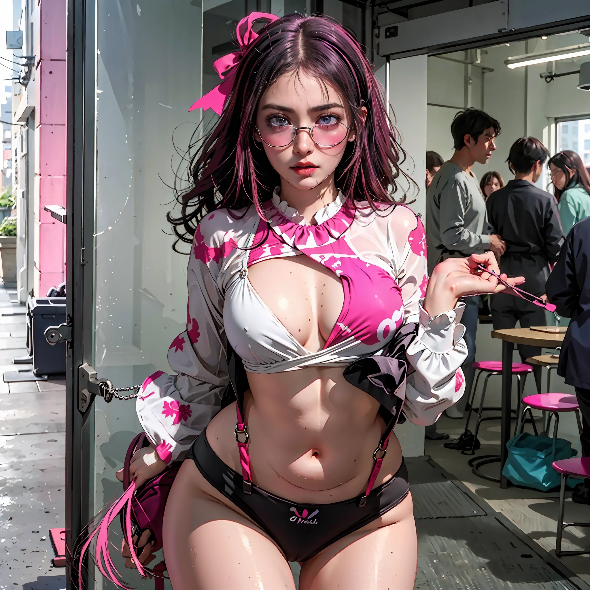 Big black wet clothes，Fit snugly to the body （The chest can be seen through the clothes） （In pink（cleanness）Open-chested shirt） （In pink（cleanness）Open-chested shirt） 17-year-old female student，（Full chest）， （Pink big breasts（cleanness）Open-chested shirt）， （The chest can be seen through the clothes） （fleshy feeling），The chest can be exposed，White miniskirt，Panties can be seen，The background is the street，trafic，perfect body figure， Exquisite facial features，Pink curly hair，Clear suspenders，spread their legs，Feminine sexy pose，full-body portraits，Perfect hands，Wearing pink sunglasses，huge tit，Be red in the face，Japan goddess，Holding a lady's bag，Hold your phone，