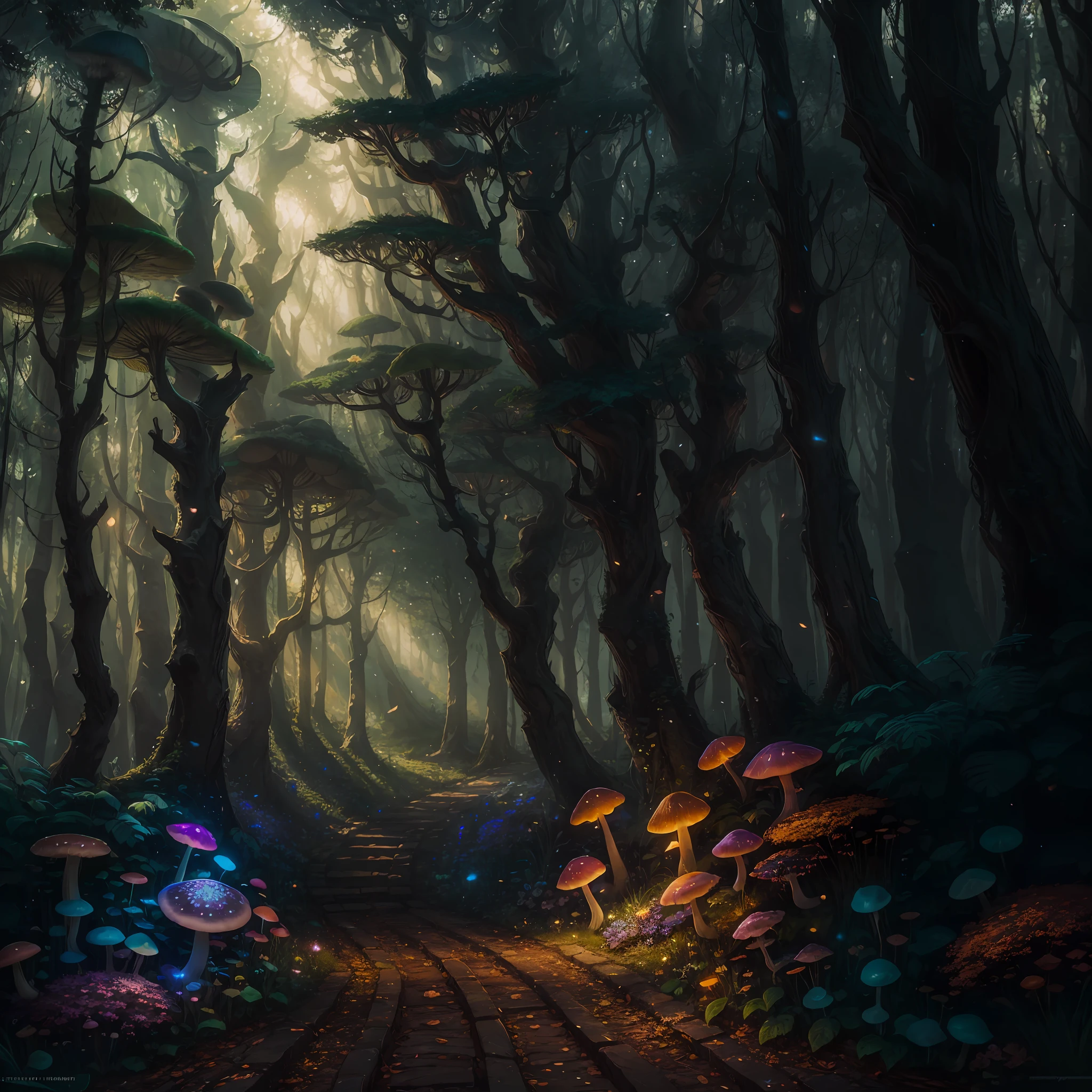 masterpiece, best quality, high quality,extremely detailed CG unity 8k wallpaper, An enchanting and dreamy scene of a fantasy forest, with towering trees, glowing mushrooms, and hidden fairy glens, creating a sense of mystique and enchantment, artstation, digital illustration, intricate, trending, pastel colors, oil paiting, award winning photography, Bokeh, Depth of Field, HDR, bloom, Chromatic Aberration ,Photorealistic,extremely detailed, trending on artstation, trending on CGsociety, Intricate, High Detail, dramatic, art by midjourney --auto