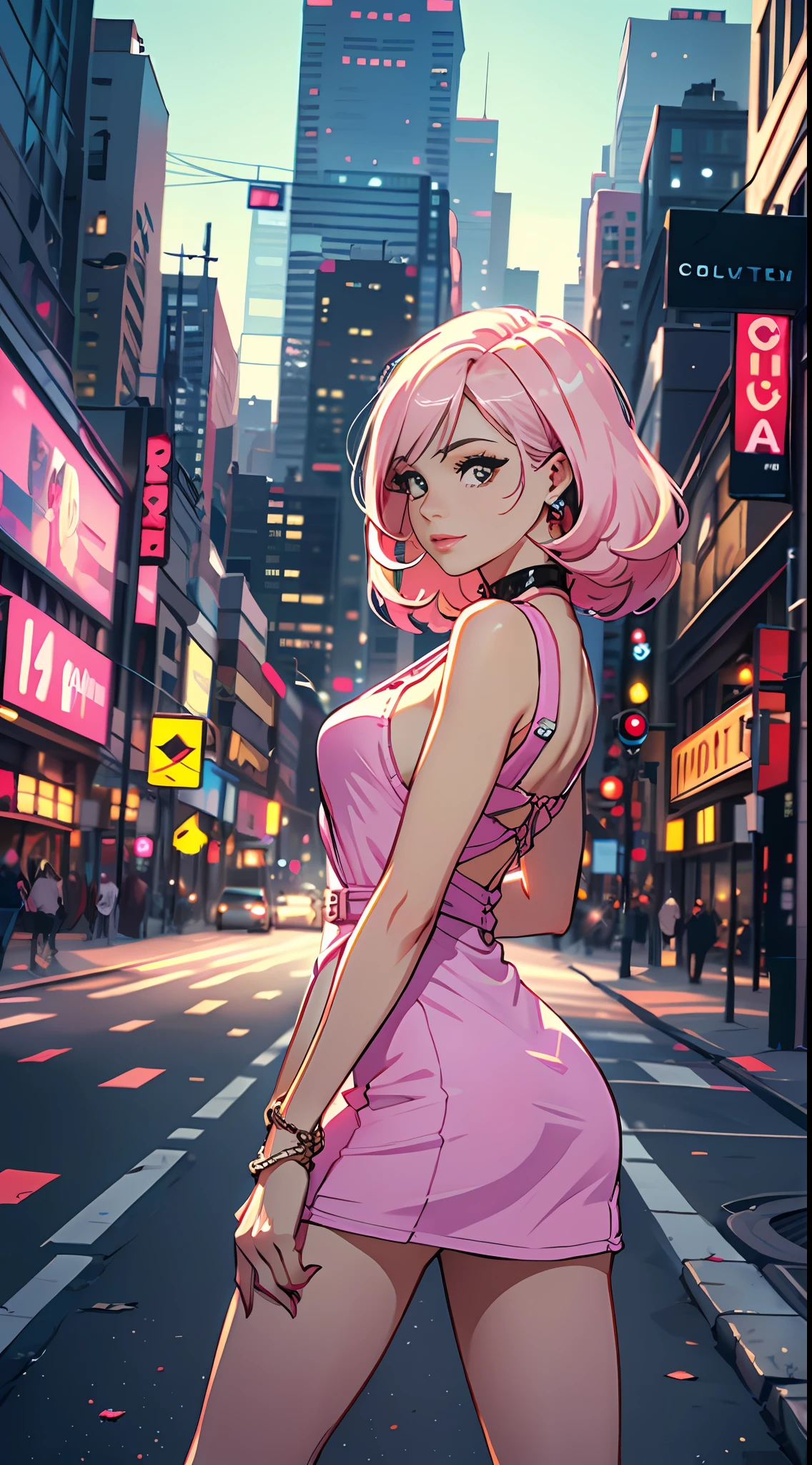 The character is a Barbie, An iconic doll known for its beauty and elegance. She's on a busy street, with tall buildings in the background and cars passing behind. The image is created to be used as a profile, with vibrant colors and strong strokes.
A Barbie tem cabelos loiros longos e olhos azuis brilhantes. She's wearing a light pink dress and a pair of pink high-heeled shoes. Her arms are crossed at her side and she has a soft smile on her face.
Ao fundo, There is a busy street with tall buildings and skyscrapers. There are cars passing by and people walking the streets. The setting is created to emphasize the beauty and modernity of the city.
Barbie's pose suggests that she is a confident and elegant woman, ready to face the world with grace and style. O estilo de imagem foi projetado para ser usado como um perfil, with strong and expressive traits to emphasize the beauty of the character.
O meio utilizado seria a arte digital em estilo de desenho animado, with shading techniques and vibrant colors to create the detailed and realistic look of a Barbie in the city.