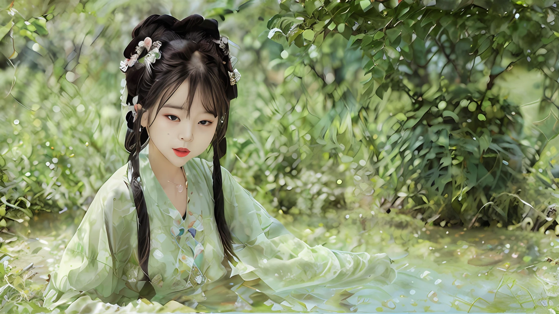 A fair-skinned classical Chinese woman bathes in a waterhole,Pool water and waist, And is preparing to untie the jade hairpin tied by his hair,She has wide eyes and red lips,Manners are genteel,Look at this side shyly and affectionately