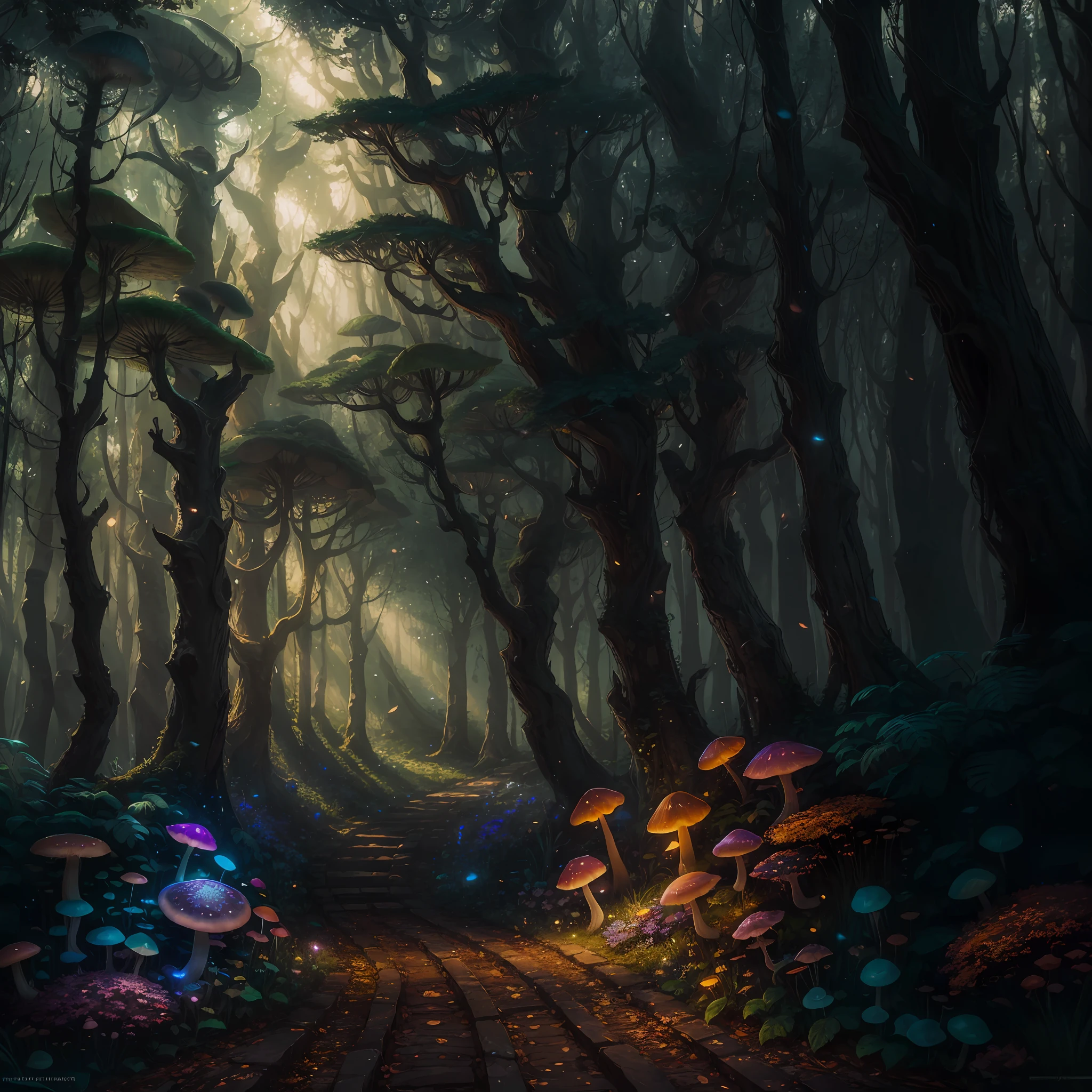 masterpiece, best quality, high quality,extremely detailed CG unity 8k wallpaper, An enchanting and dreamy scene of a fantasy forest, with towering trees, glowing mushrooms, and hidden fairy glens, creating a sense of mystique and enchantment, artstation, digital illustration, intricate, trending, pastel colors, oil paiting, award winning photography, Bokeh, Depth of Field, HDR, bloom, Chromatic Aberration ,Photorealistic,extremely detailed, trending on artstation, trending on CGsociety, Intricate, High Detail, dramatic, art by midjourney --auto