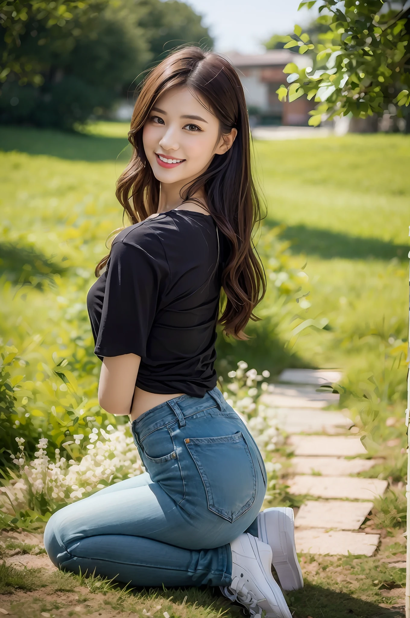 (RAW photogr,超高分辨率,tmasterpiece,best qualtiy:1.4),Complicated details,2 20 year old Korean girl,Wear a loose black T-shirt and skinny jeans,Stand on the grass and take pictures,hugs,Intimate relationships,Detailed meadow,A sweet smile on a small face,The face and skin are pink and fair,Ultra-realistic facial details,Ribbons and hair accessories,Playful and coquettish pose,The calves are straight and slender:1.5,Wear high-end branded colorful travel shoes:1.5,eventide,warm color,Broad lighting,naturalshadow,Shoot from the back,Beautiful waist and hips,taking a full body photo:1.8