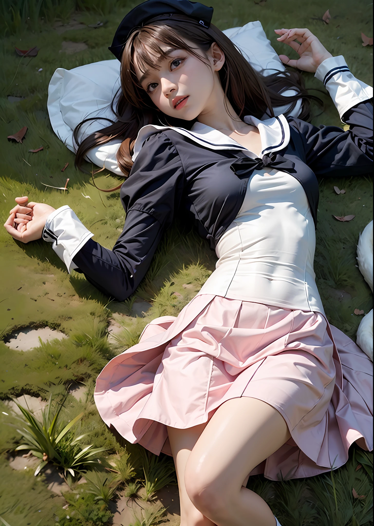 lying on the grass ground,1girll,double tails,brown hair,Qi bangs,curlies,maid,Flying,White sailor suit and short skirt,pink bows,16-year-old female model,Side,