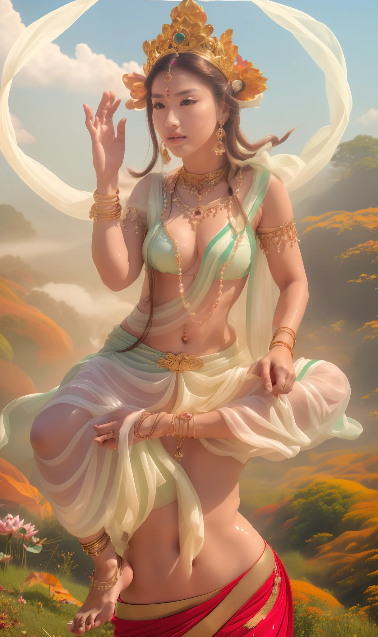 Beautiful goddess Bodhisattva sitting on a lotus flower，16 yaers old，Hold up your mudra，Fair and soft skin，Fine hands and feet，（primitive：1.2），（realisticlying：1.4），（Sharpness：1.2），(((body high：1.5))),（（（Gemstones refract dazzling light））），（（middlebreast：1）），（Abs：0.7），（glute：1.2），(healthy-looking skin， Thin skin， seductiveexpression， 二重まぶた，Jelly textured lips， Glowing lips，Small upturned lips，(((Flawless skin texture)))，Real pores，ctextured skin，crown，choker necklace，Yingluo，（Wear gemstones，pearls，hisui，amber，），（Dynamic hair，Hair hanging down the shoulders，Beaded hairpins，Layered hair，Wet skin texture），Glossy glossy skin，Glowing skin，Radiant hair，eyes looking at the lens，In the Land of Flowers，sunny clear sky，High quality detailing， Positive light，Cinematic lighting,absurderes, unbelievable Ridiculous, hugefilesize, ultra - detailed, A high resolution, The is very detailed，best qualtiy，tmasterpiece，illustratio，The is very detailed，CG，unified，8k 壁纸，Amazing Cleavage，finely detailled，tmasterpiece，light in face，cinmatic lighting,(((Dynamic lens，Focus on people))),((body proportions of the high jumper)),(((dynamicposes)))，(((Correct ???????))),(((garments：Indian red sari made of clear plastic)))，((Pedras preciosas,Diamond,pendant,choker necklace,waist chains,ear studs,耳Nipple Ring,Bracelet，Anklets))，(((A world of mist and nothingness))),(((Set with precious stones))),(((Body floating in the air，foot in the air，Tiptoe off the ground，flight))),(((cinematic ligh：Fall))),with blue sky and white clouds，