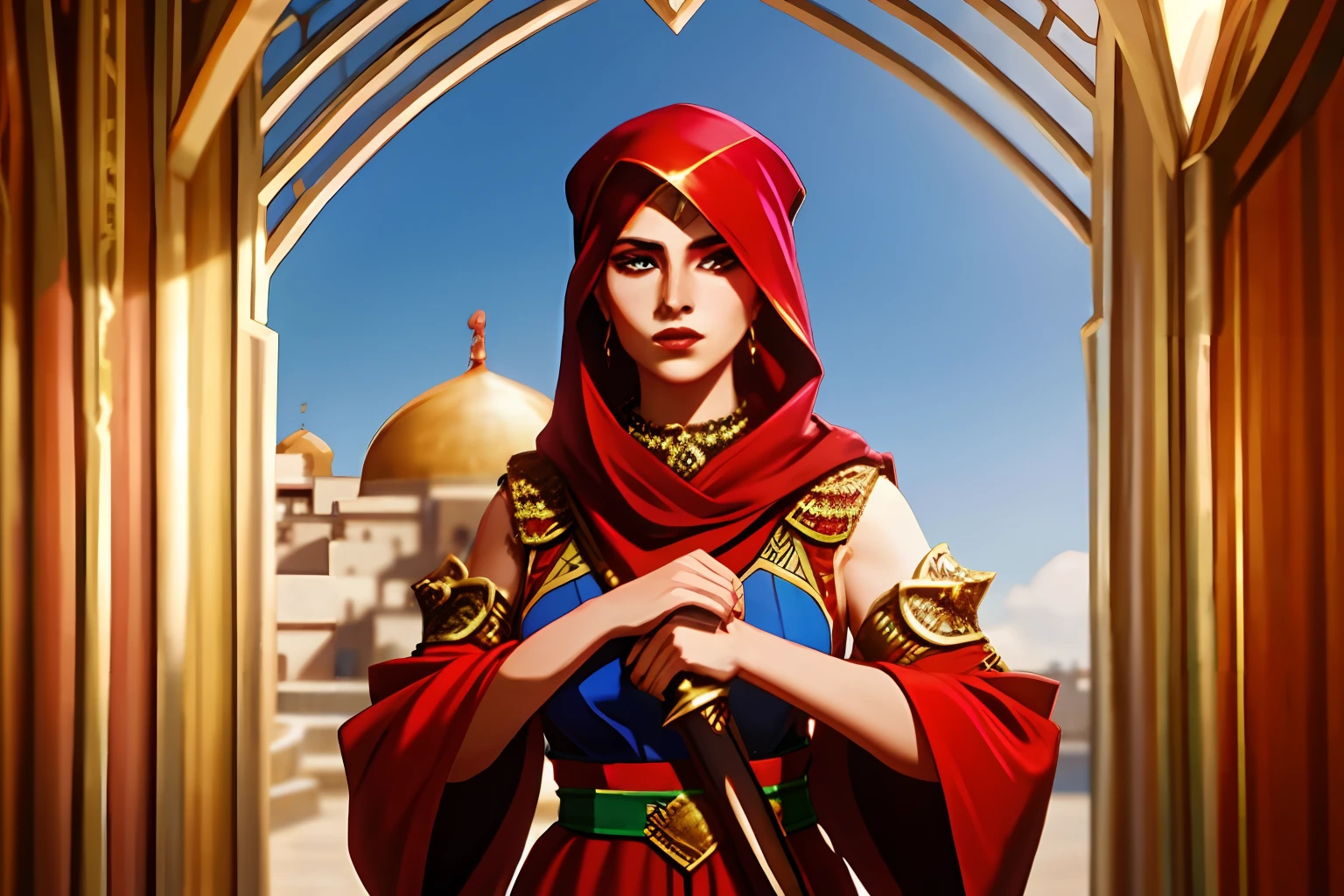 An arabesque woman with a vibrant red headscarf, embodying the allure of a beautiful Amazigh woman. She confidently holds a gleaming sword, prepared for battle. The scene unfolds within the majestic walls of an Arabic palace, arabic face tattoo, traditional berber white outfit,