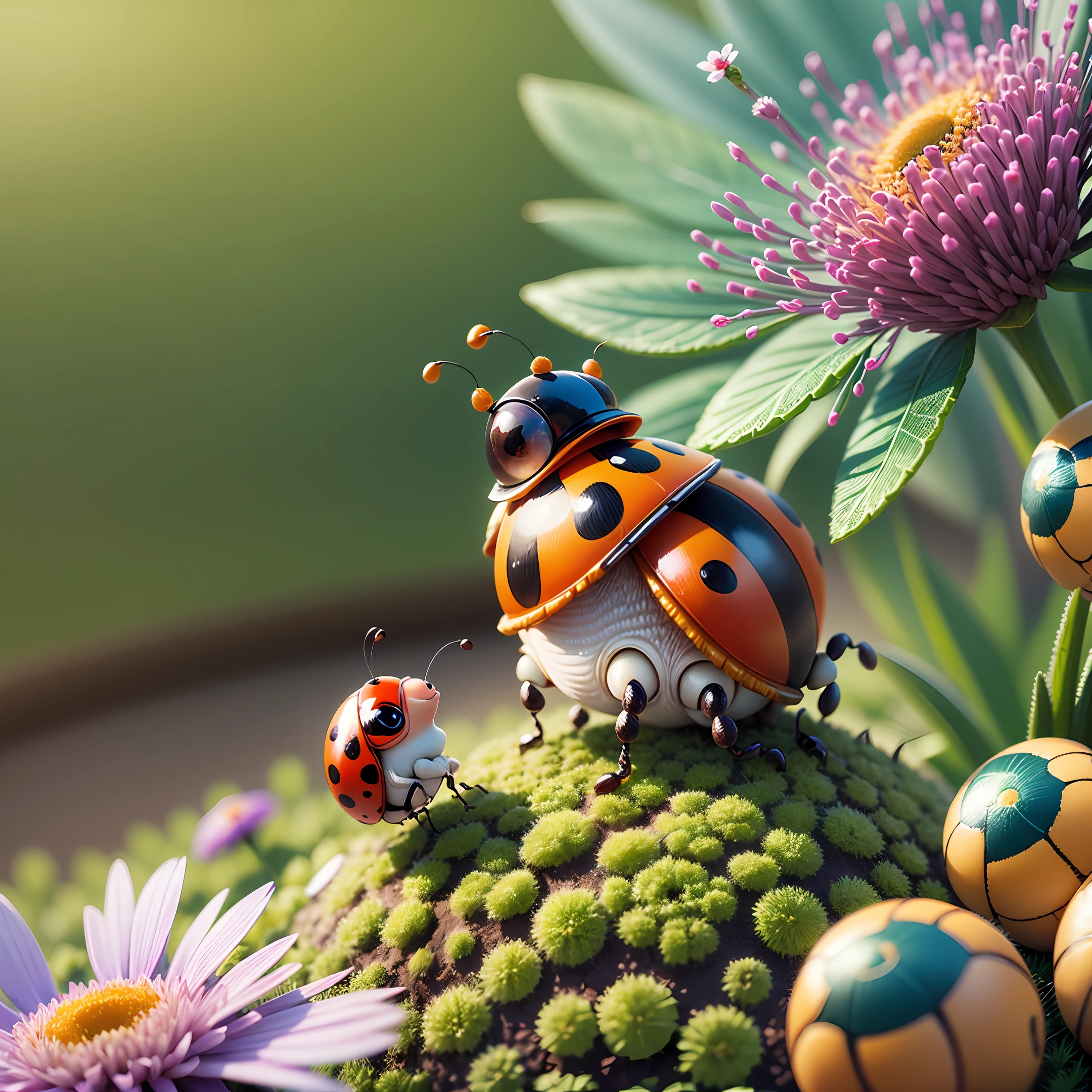 Close-up. Funny, cheerful Ladybug and Snail, super photorealistic, cinematic, Disney Pixar cartoon style, muted colors, slight haze. Blurred fantasy background of flower meadow. 8K --auto --s2