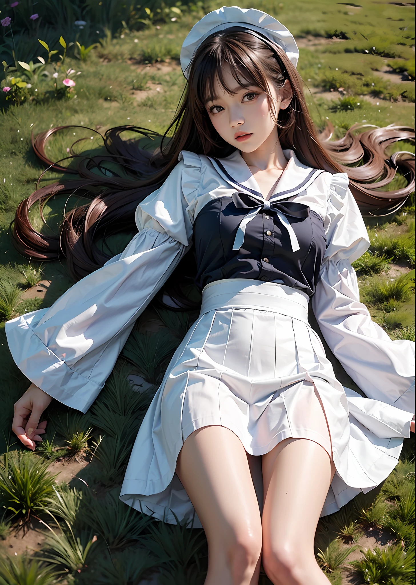 lying on the grass ground,1girll,double tails,brown hair,Qi bangs,curlies,maid,Flying,White sailor suit and short skirt,pink bows,16-year-old female model,Side,