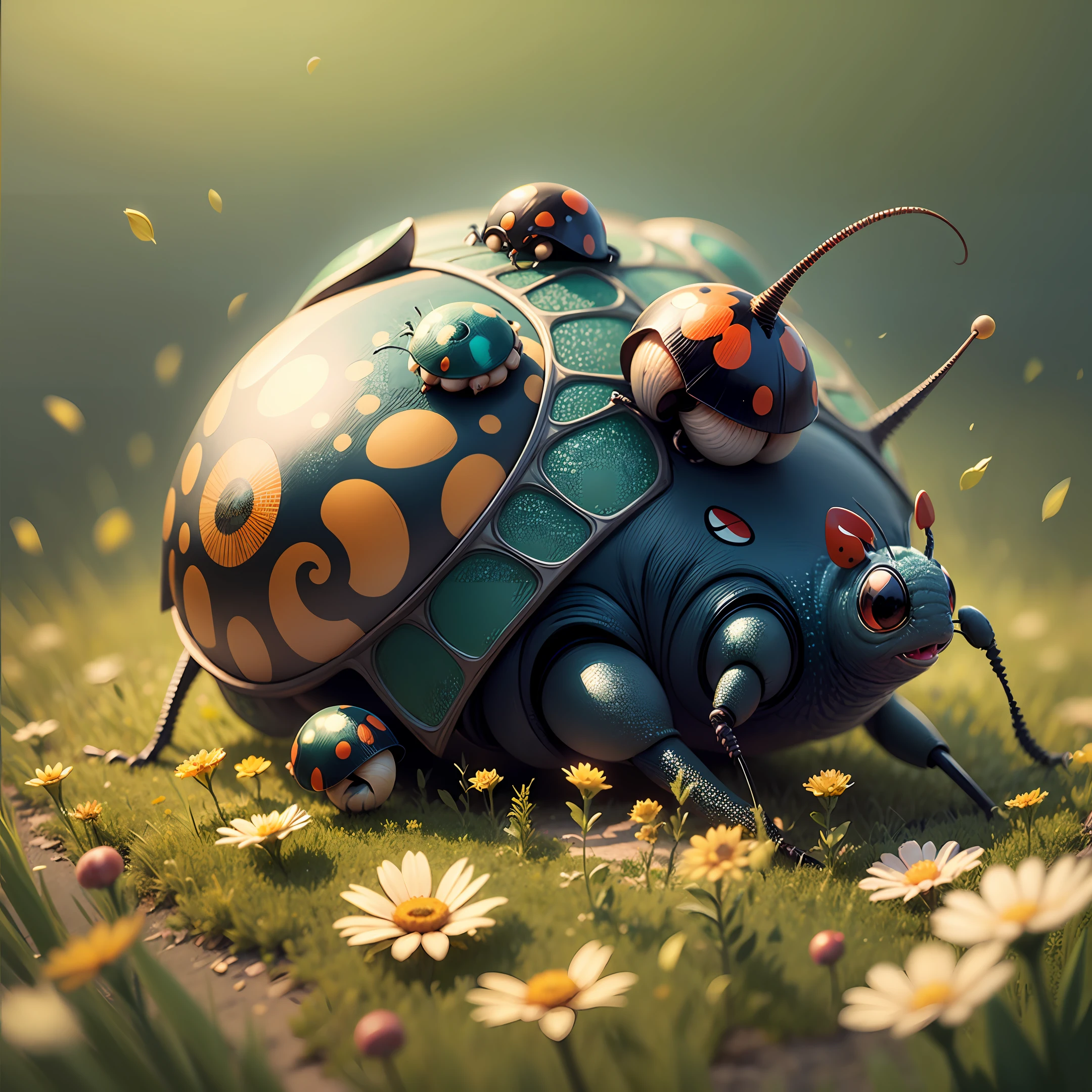 Close-up. Funny, cheerful Ladybug and Snail, super photorealistic, cinematic, Disney Pixar cartoon style, muted colors, slight haze. Blurred fantasy background of flower meadow. 8K --auto --s2
