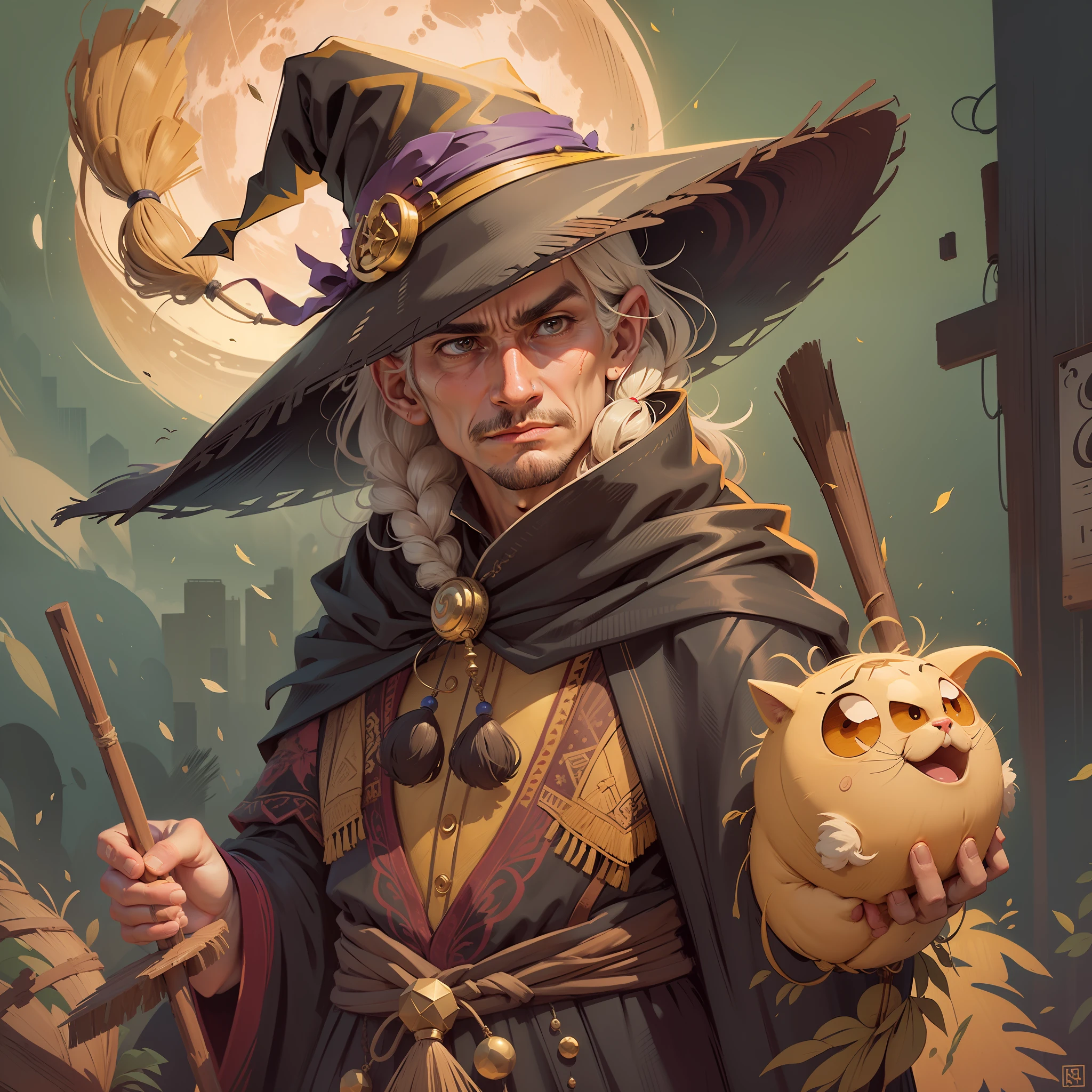 (1witch),He wears a large pointed black straw hat,tall nose bridge,large nose,Sallow face,Full of wrinkles,He wore a black robe,Ride a broom,Fly towards the milky yellow moon