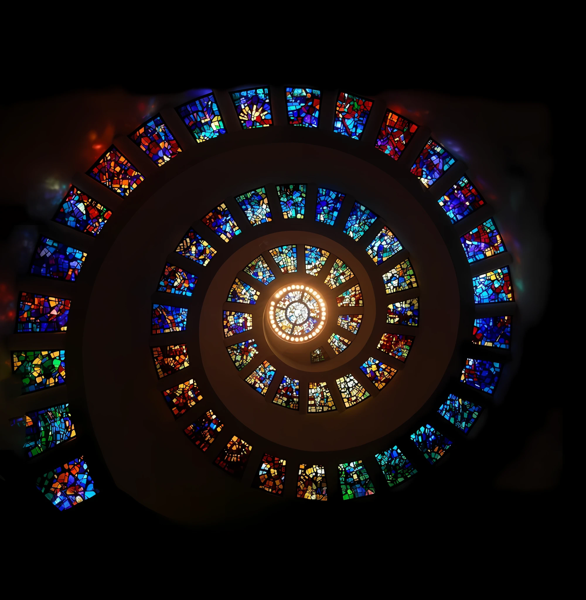 Vista ararfed de um vitral circular em uma igreja, Igreja futurista de vitrais, vitral, vidro manchado, eespiral ascendente, Eespiral, vitral!!, espiral, vitrais retroiluminados, arte dos vitrais, vitrais, Directed by: Jon Coffelt, vitrais intrincados, Sprial, vitrais, Eespiral
