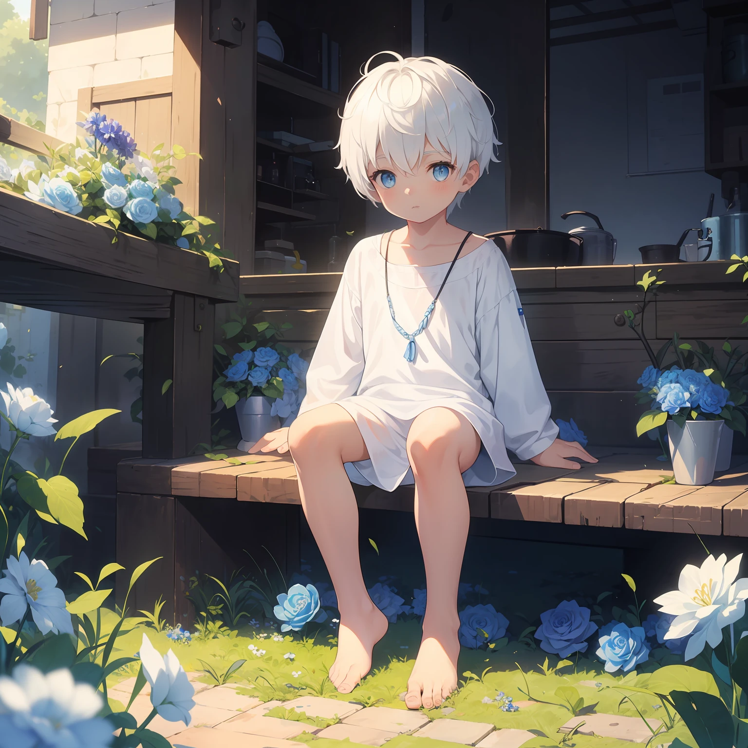 (4K), little boy with white hair and barefoot and white clothes small tiny feet, He sits on a flower field, which is covered with blue roses, und betet, Nebel Licht, Impressionismus, 2D, (Dornen: 1.1), (toter Baum: 1.1) Focused on feet,