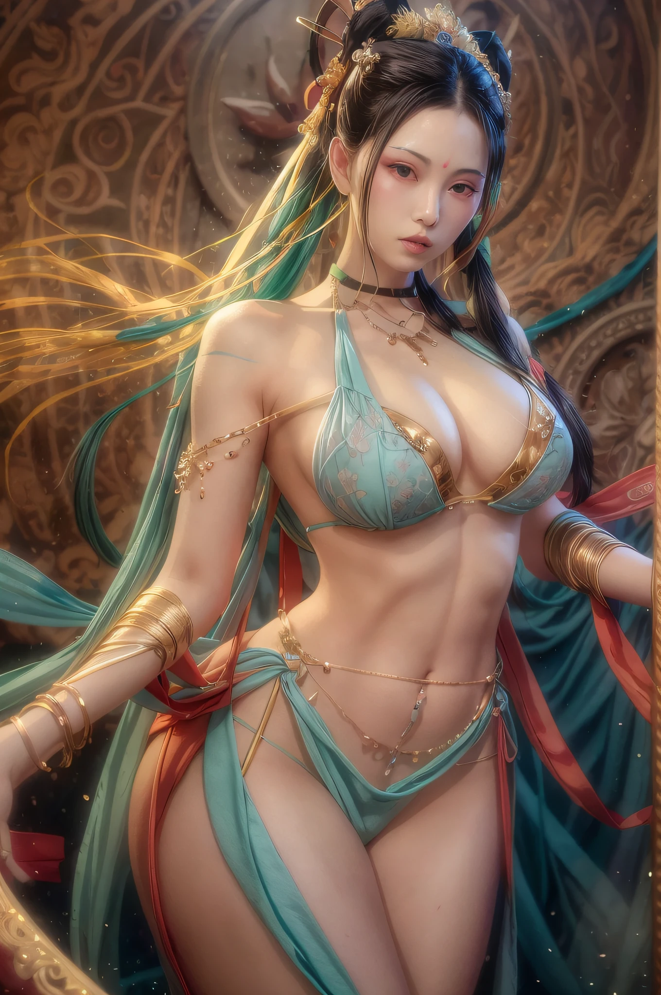 (RAW photo, best quality), (realistic, photo-realistic:1.3),best quality,highly detailed,masterpiece,ultra-detailed,illustration,1girl,full_body,dynamic angle,world masterpiece theater,messy_long_hair,best quality,extremely detailed CG unity 8k wallpaper,ink,Amazing,cinematic lighting,lens_flare,,dunhuang_style, gigantic breasts, lotus tattoo on breasts,