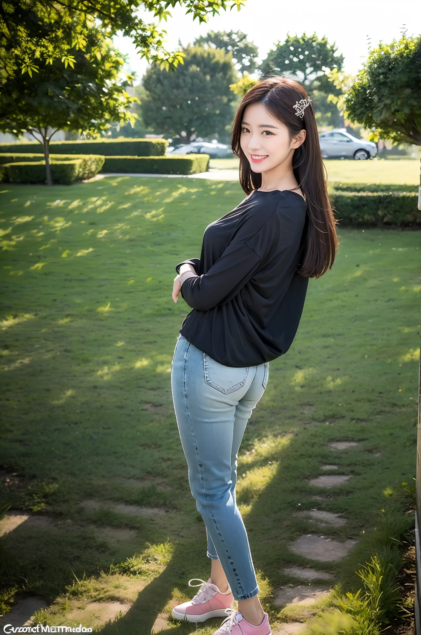 (RAW photogr,超高分辨率,tmasterpiece,best qualtiy:1.4),Complicated details,2 20 year old Korean girl,Wear a loose black T-shirt and skinny jeans,Stand on the grass and take pictures,hugs,Intimate relationships,Detailed meadow,A sweet smile on a small face,The face and skin are pink and fair,Ultra-realistic facial details,Silk scarves and hair accessories,Playful and coquettish pose,The calves are straight and slender:1.5,Wear high-end branded colorful travel shoes:1.5,eventide,warm color,Broad lighting,naturalshadow,Shoot from the back,Beautiful waist and hips,taking a full body photo:1.8
