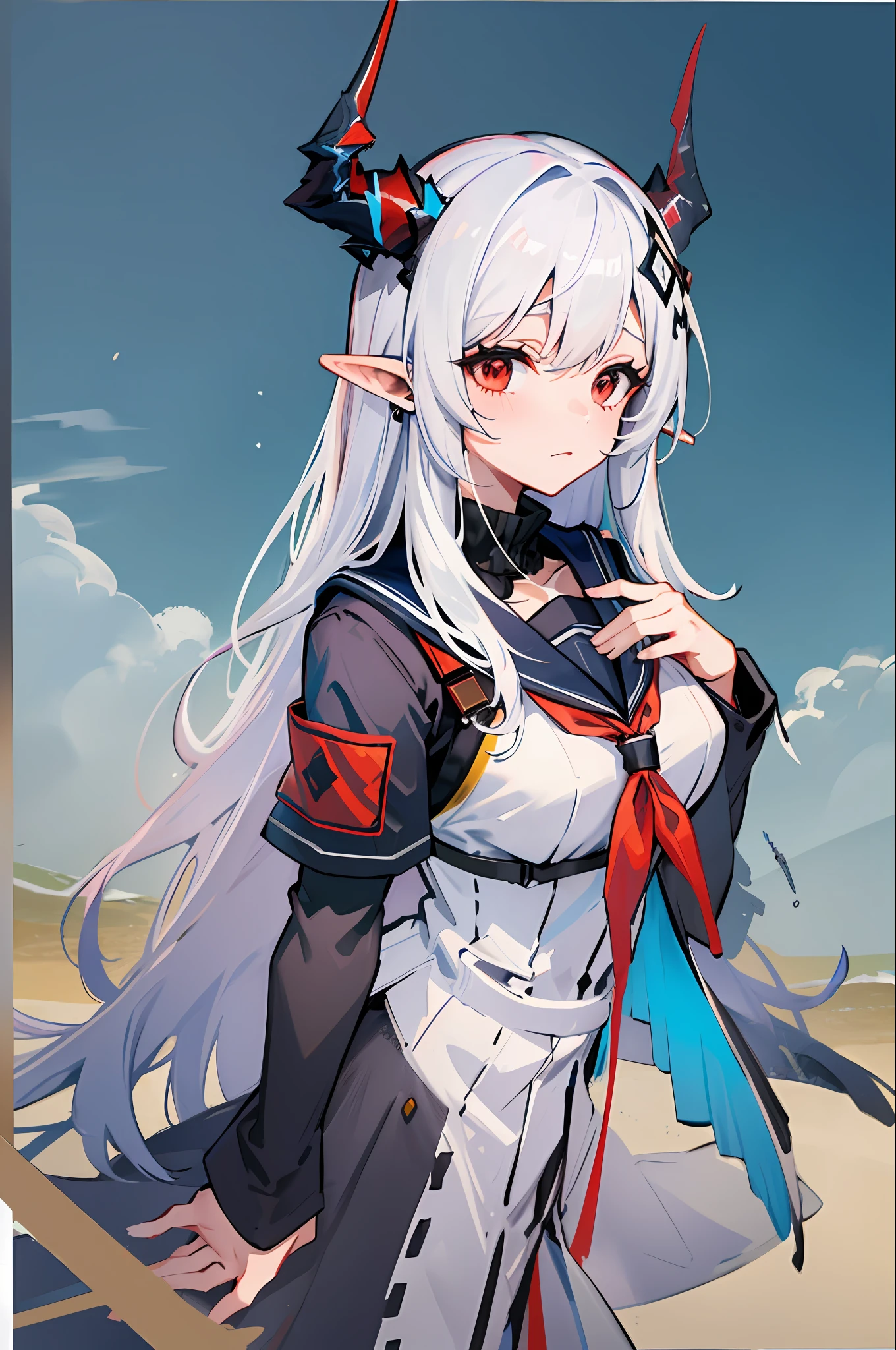 1girl, woman, mudrock (arknights), red eyes, solo, long hair, horns, (sailor uniform, serafuku), school uniform, hair ornament, pointy ears, breasts, white hair, oripathy lesion (arknights), infection monitor (arknights), bangs, breast, full body, standing,  mudrockdefclass, black horns, horns, beach background, blue sky, clouds,