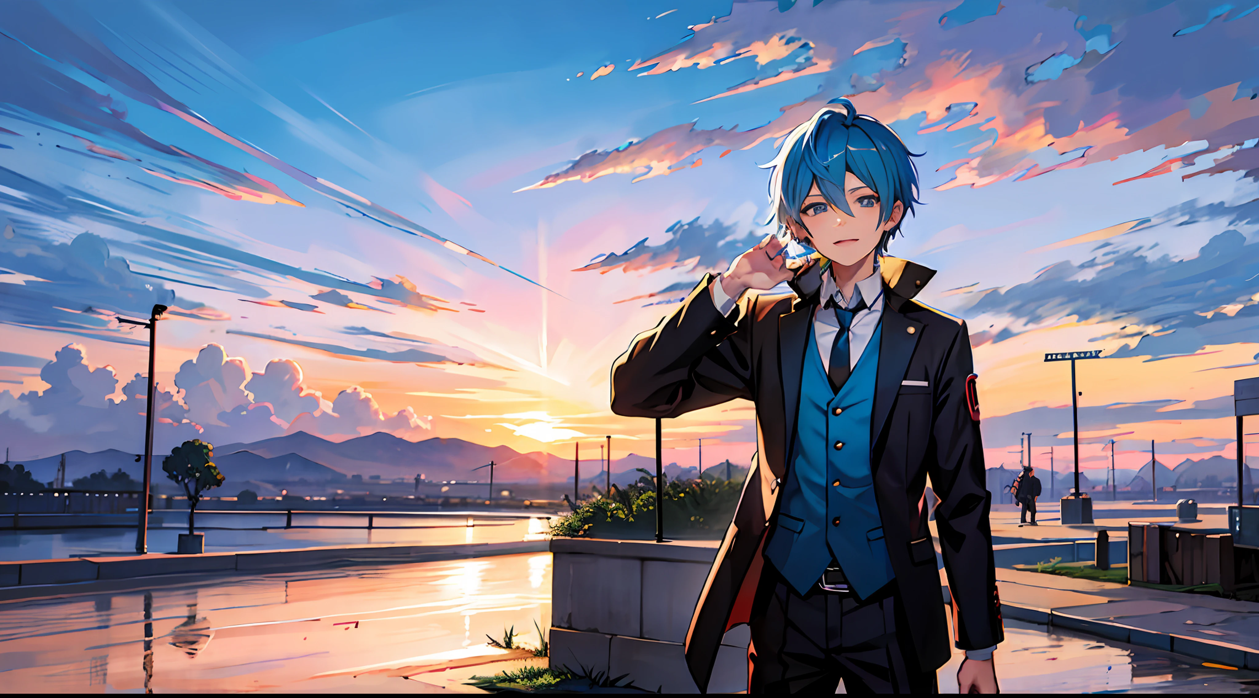 Blue hair and green tie anime boy, 2 d anime style, Anime boy, Tall anime guy with blue eyes, Handsome anime pose, vocaloid, Hatsune Miku short hair, Anime moe art style, young anime man, 2d anime, hajime yatate, male anime character, trigger anime artstyle