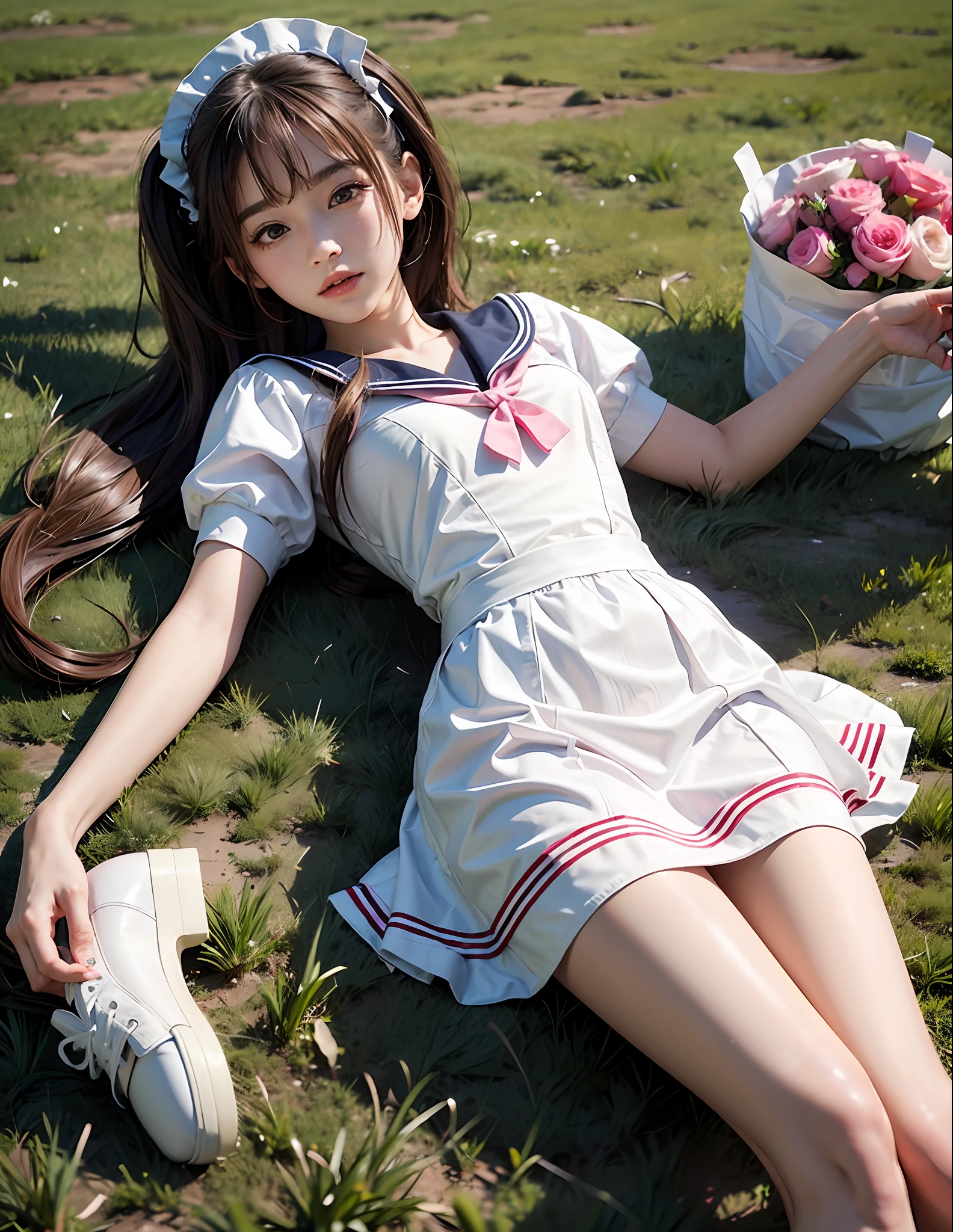 lying on the grass ground,1girl,twintails,brown  hair，Qi bangs，curlies,maid,Flying,White sailor suit and short skirt,pink bows,16-year-old female model,Side,